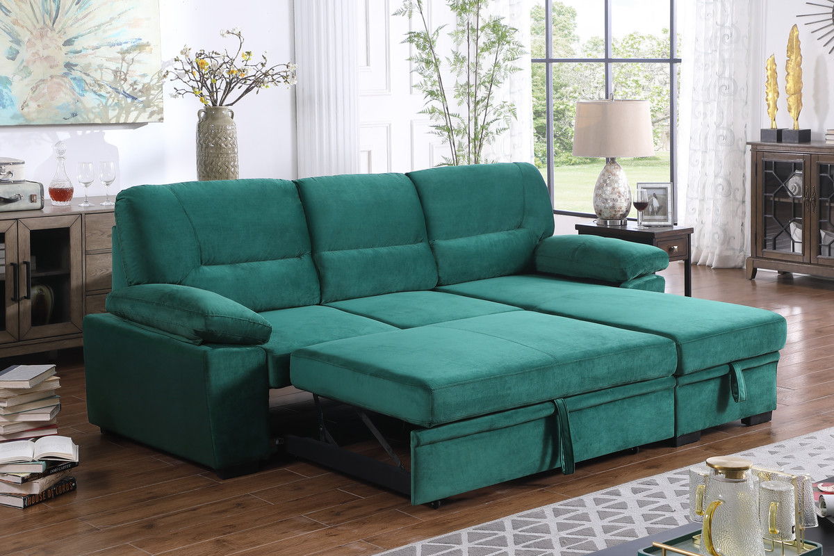 Kipling 97.5"W Green Velvet Fabric Reversible Sleeper Sectional Sofa Chaise