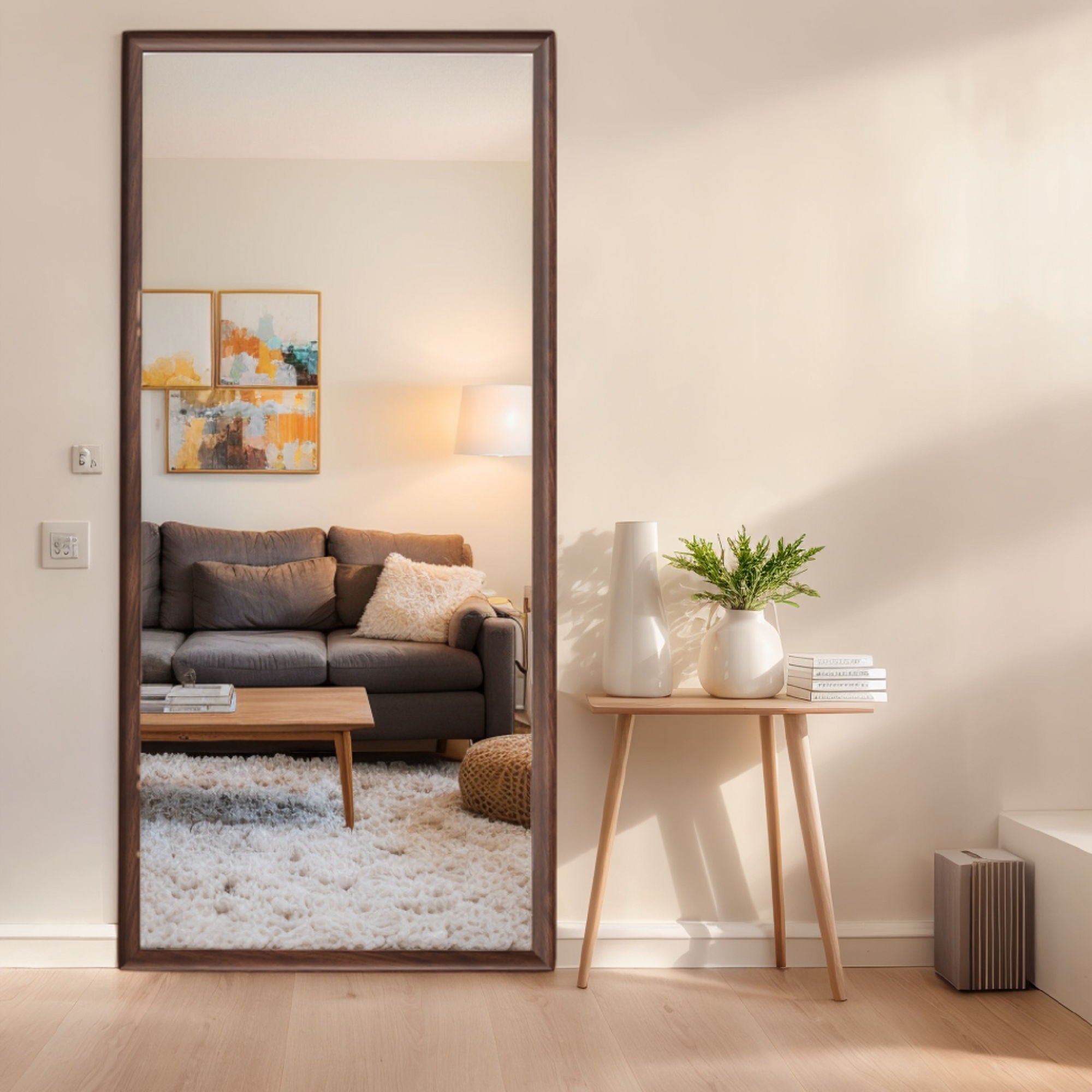 Vintage Full Length Mirror Wall Mounted With Faux Wooden Frame - Brown