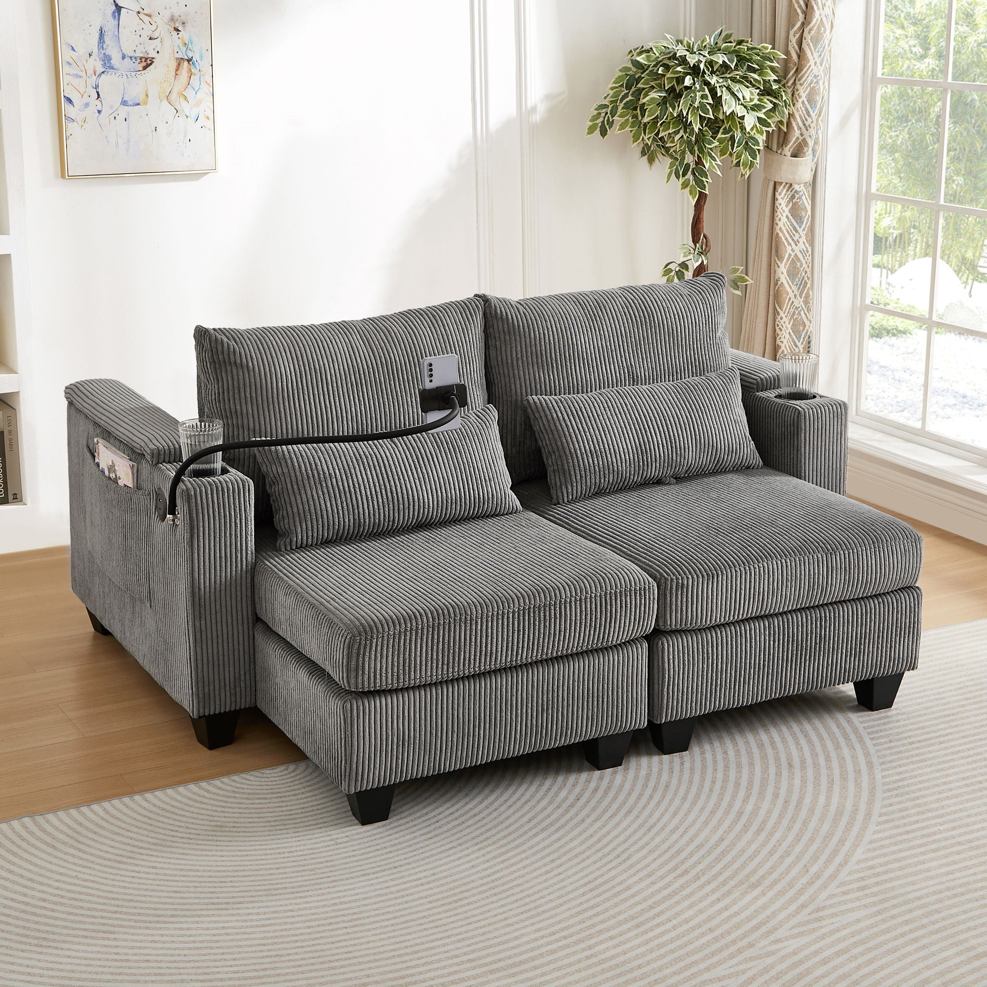 Convertible Chaise Lounge Sofa Chair With USB Ports, Cup Holders, Phone Holder And Storage