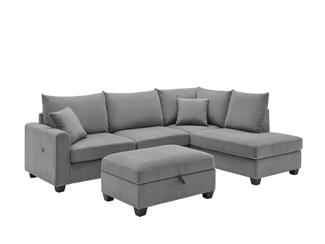 Rowan 107"W Dark Gray Corduroy Fabric Sectional Sofa with Right Facing Chaise, USB & USB-C Charging Port, Storage Ottoman, and Pillows