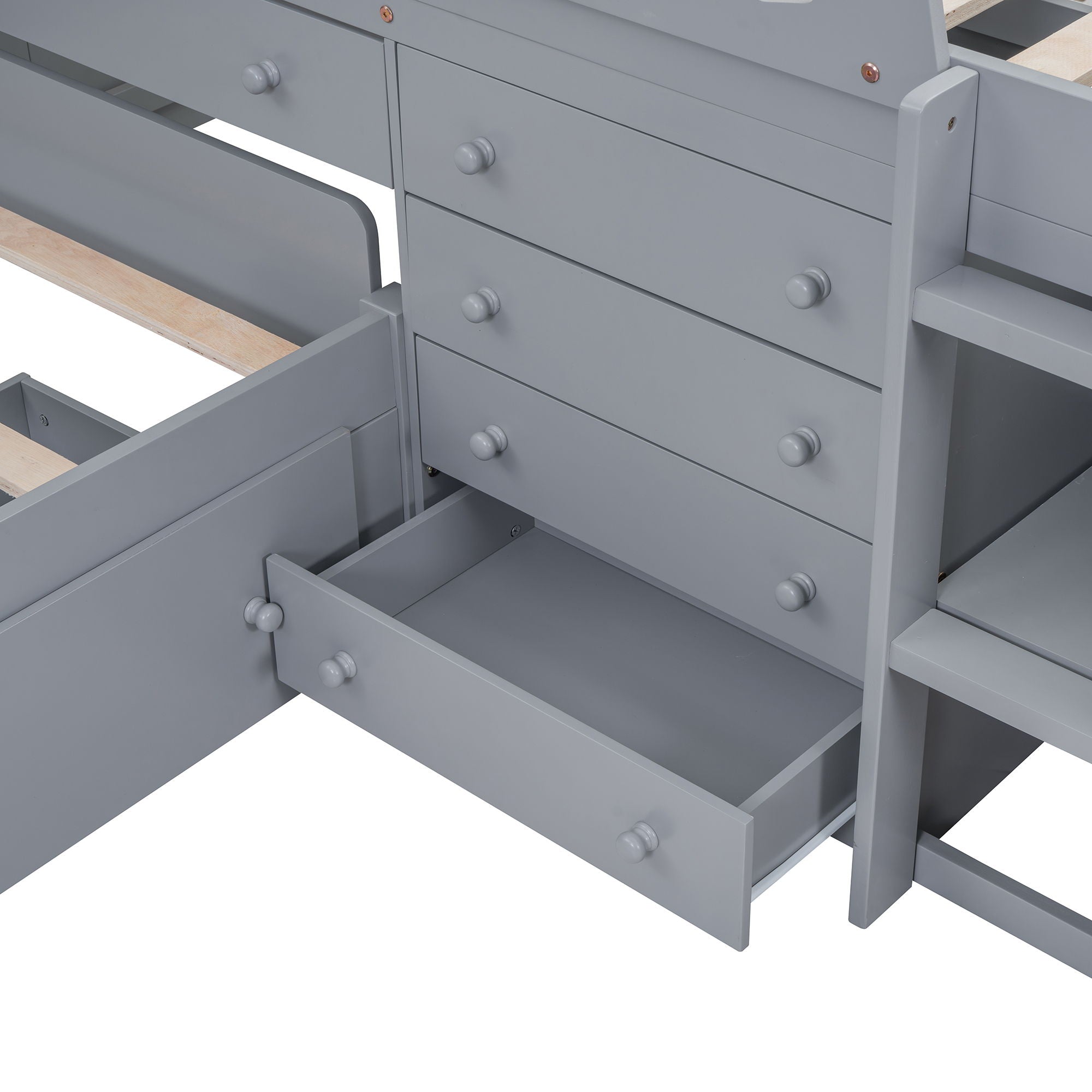 Loft Platform Bed With 7 Drawers And Full Guardrails, Modern L Shaped Space Savin