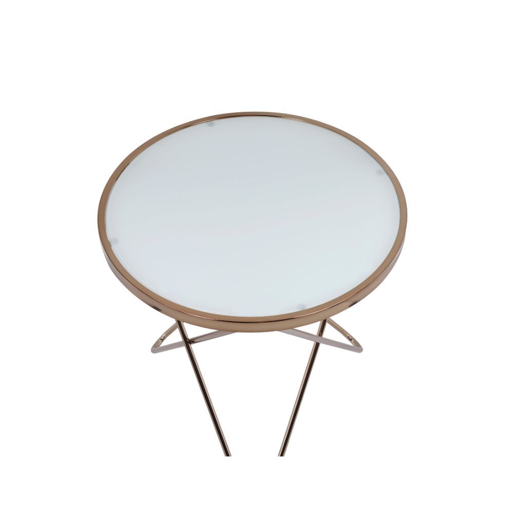 ACME Update your living room with a functional art piece. The Valora end table uses a mid-century inspired base and supports a framed frosted glass top. The collection works well as an eclectic feel. | Meri Furniture