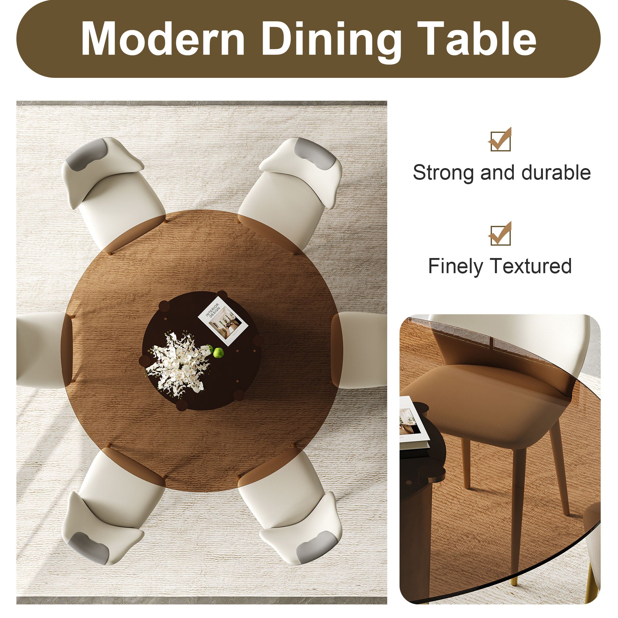 Modern Round Dining Table Set With Glass Top And Steel Legs
