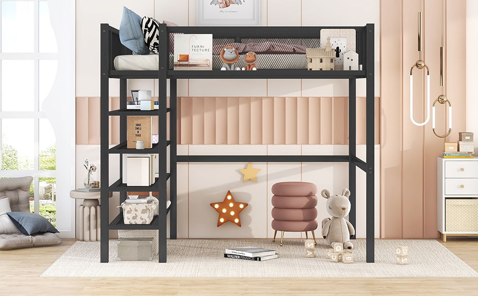 Loft Bed With 4 Tier Shelves And Storage