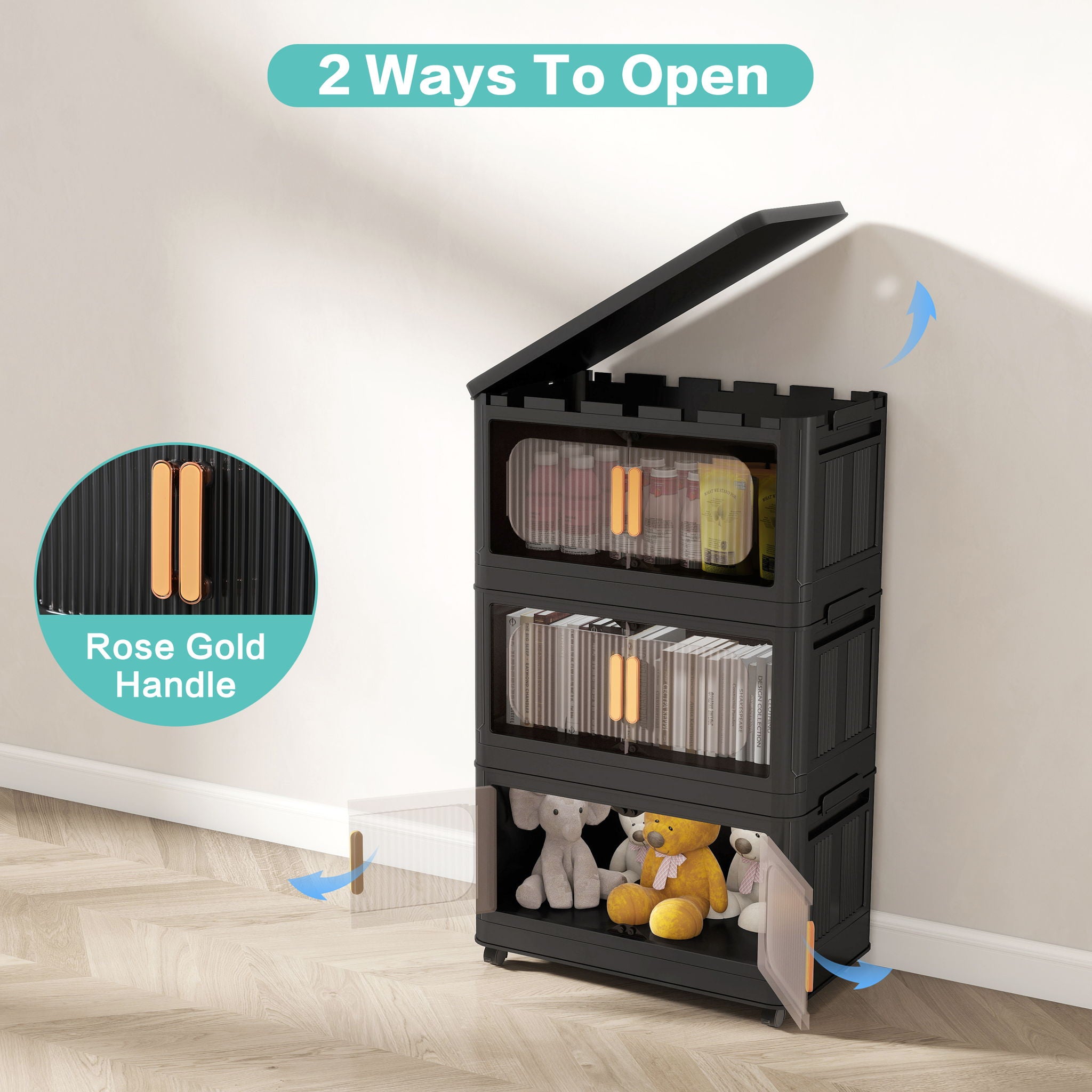 Folding Storage Cabinet With Magnetic Doors And Wheels
