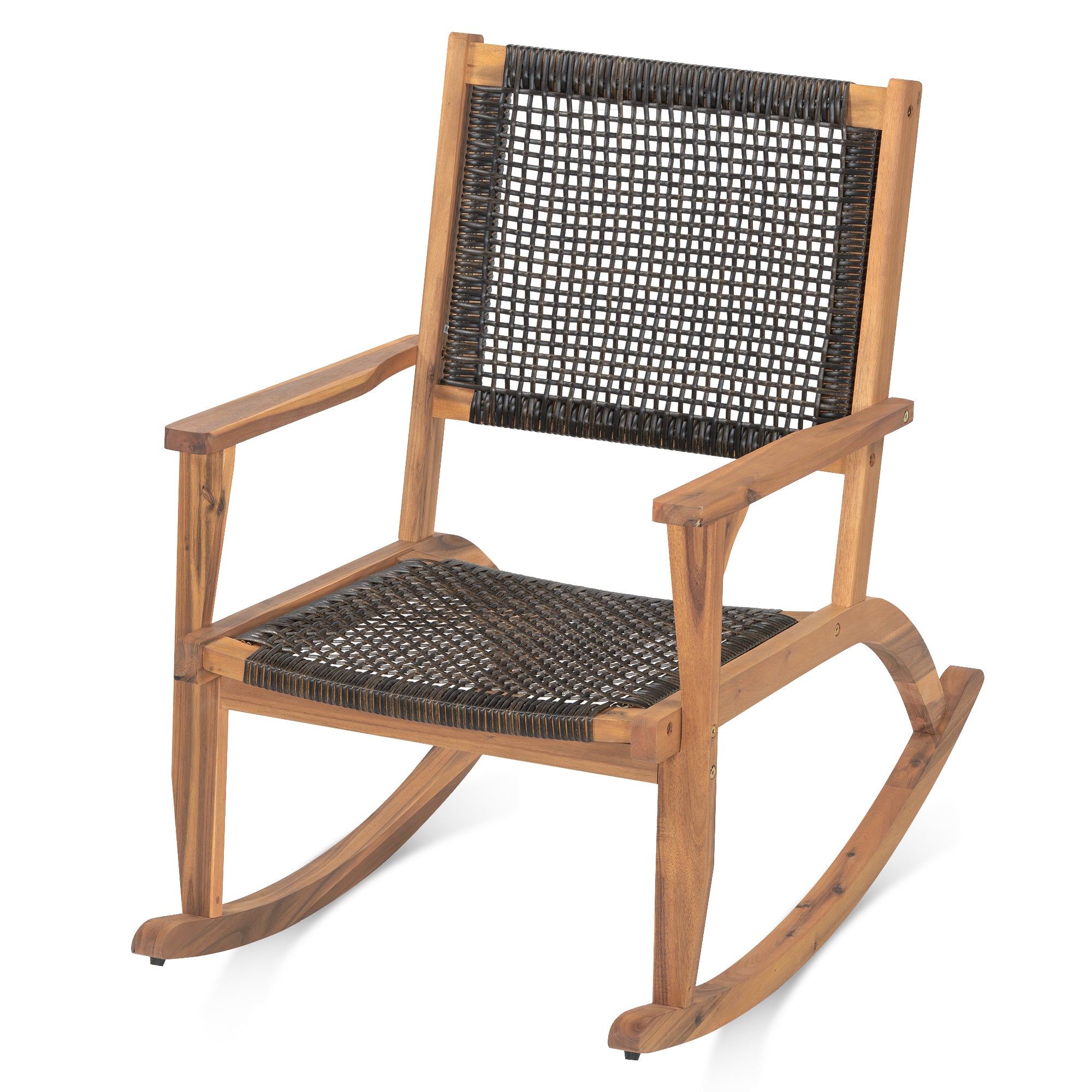 2-Pieces Patio Rocking Chair Set, Acacia Wood Outdoor Rockers with Wicker Rattan Seat & Backrest