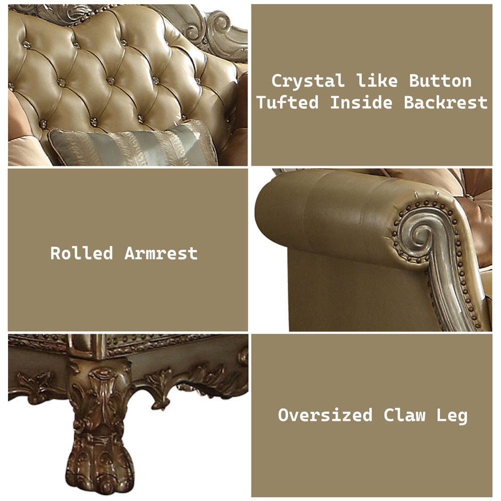 Dresden - Loveseat With 3 Pillows - Bone Synthetic Leather & Gold Patina