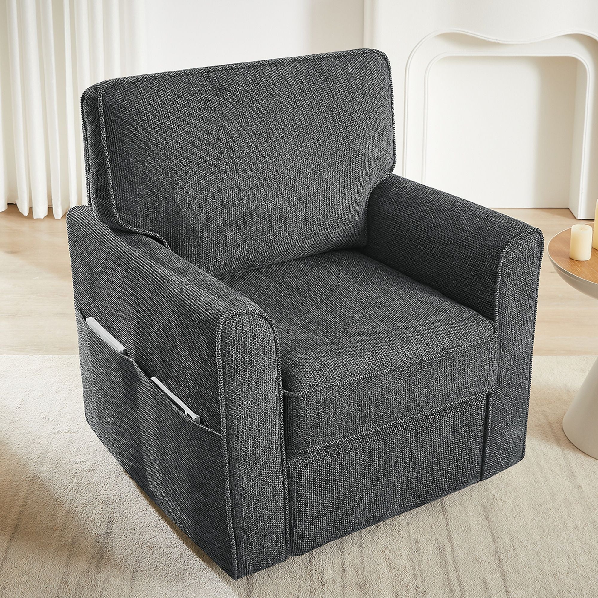 360° Swivel Accent Barrel Armchair With Side Pockets, Compact Design