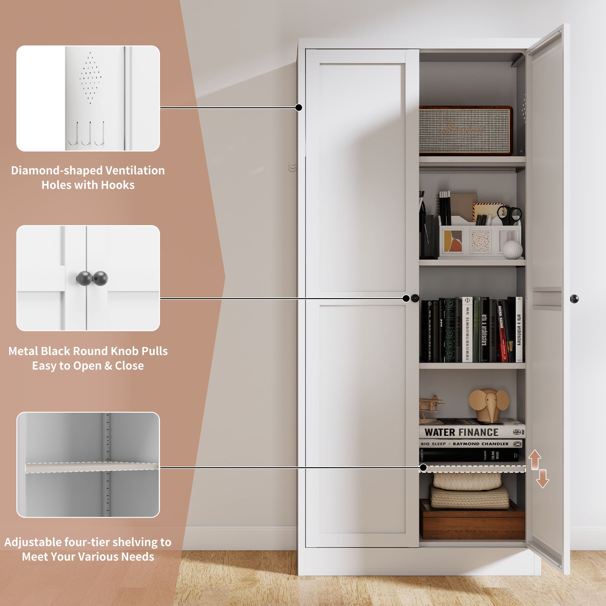 Metal Kitchen Pantry Cabinet With Adjustable Storage And 4 Heavy Duty Shelves - White