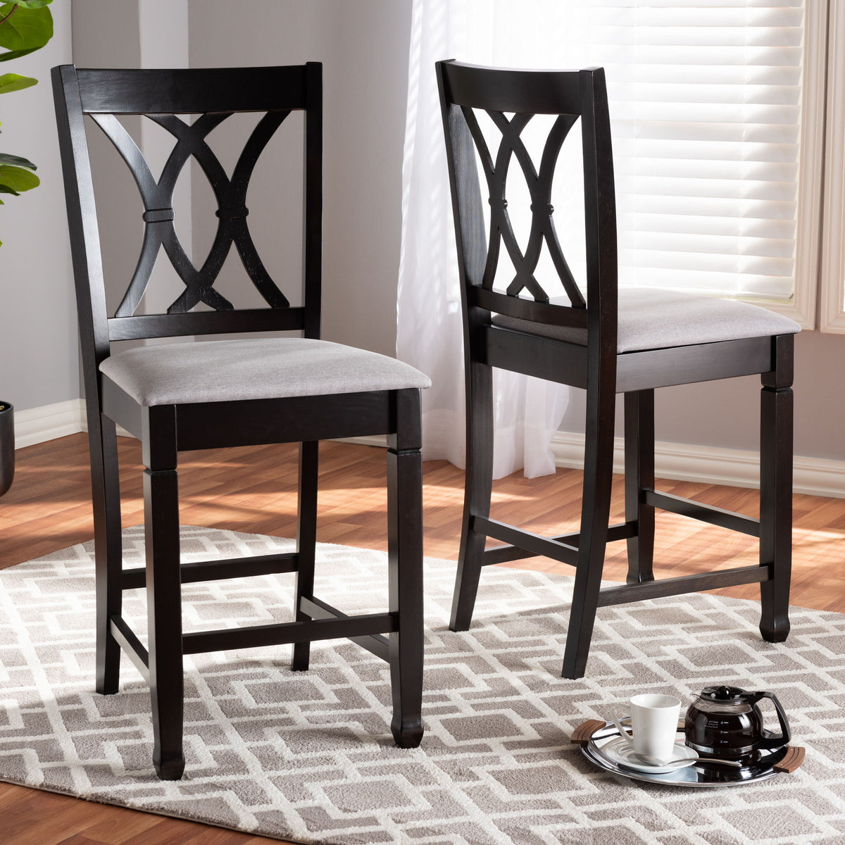Reneau Modern and Contemporary Gray Fabric Upholstered Espresso Brown Finished Wood Counter Height Pub Chair Set of 2