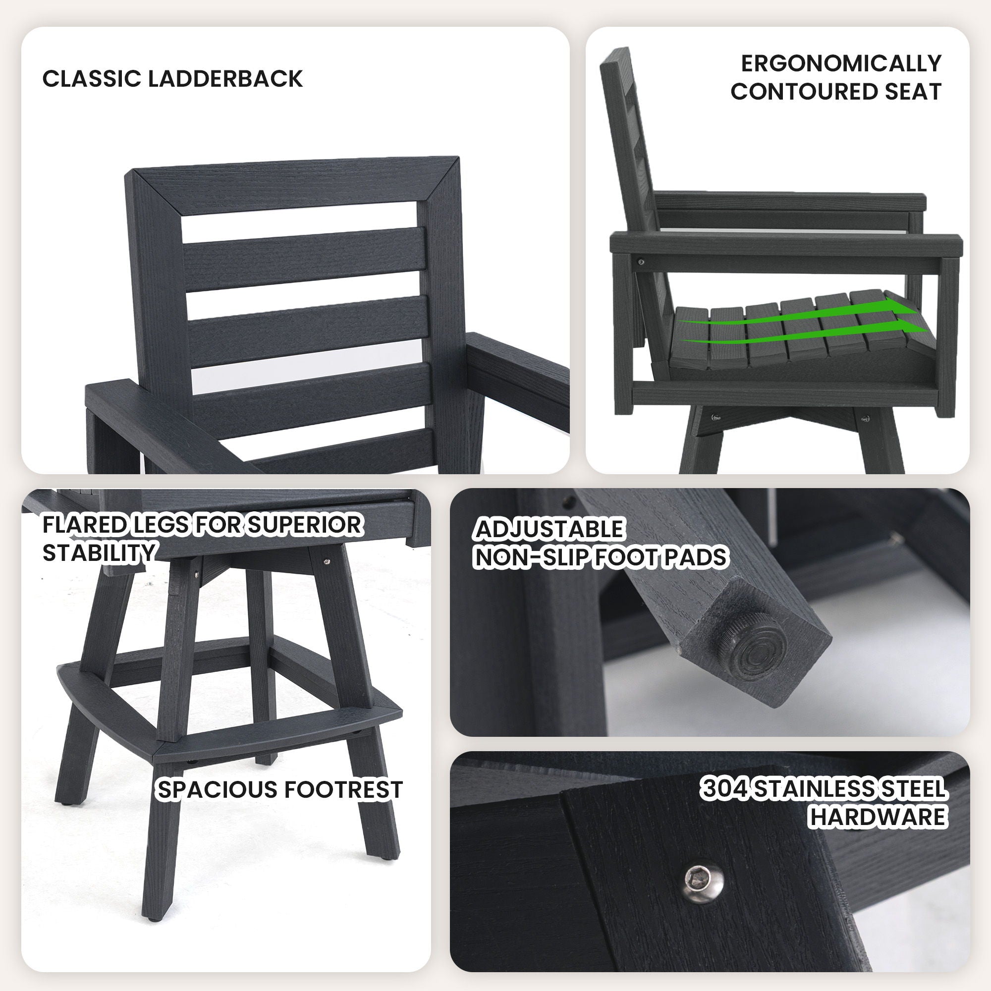 Outdoor Swivel Bar Chair, Ladderback With Wide & Thickened Frame