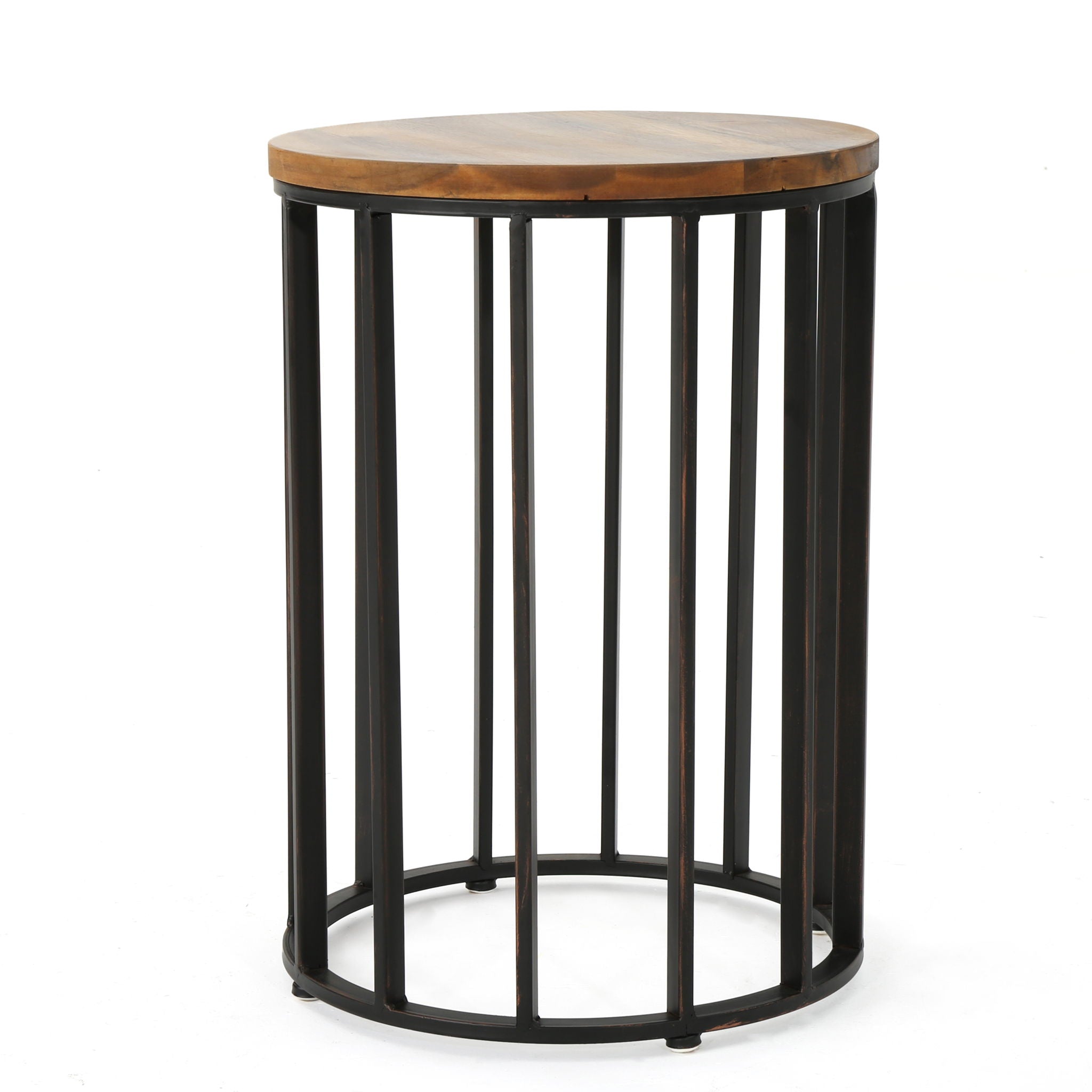 Outdoor Cylindrical Side Table With Round Solid Wood Top And Metal Frame - Natural
