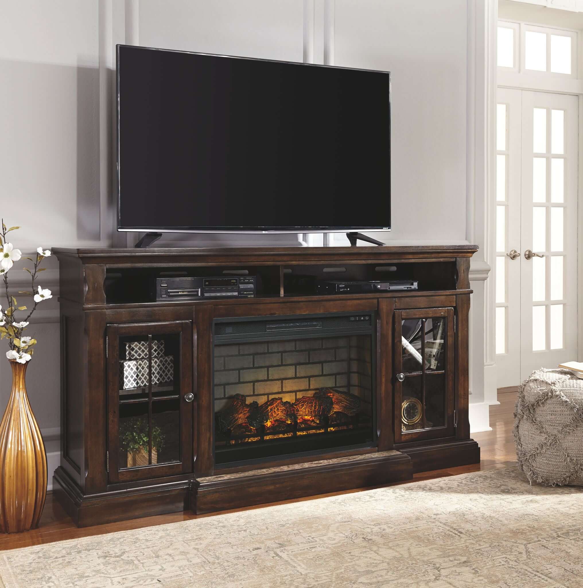 Roddinton - 2 Pc. - 74" TV Stand with Electric Infrared Fireplace Insert - Dark Brown