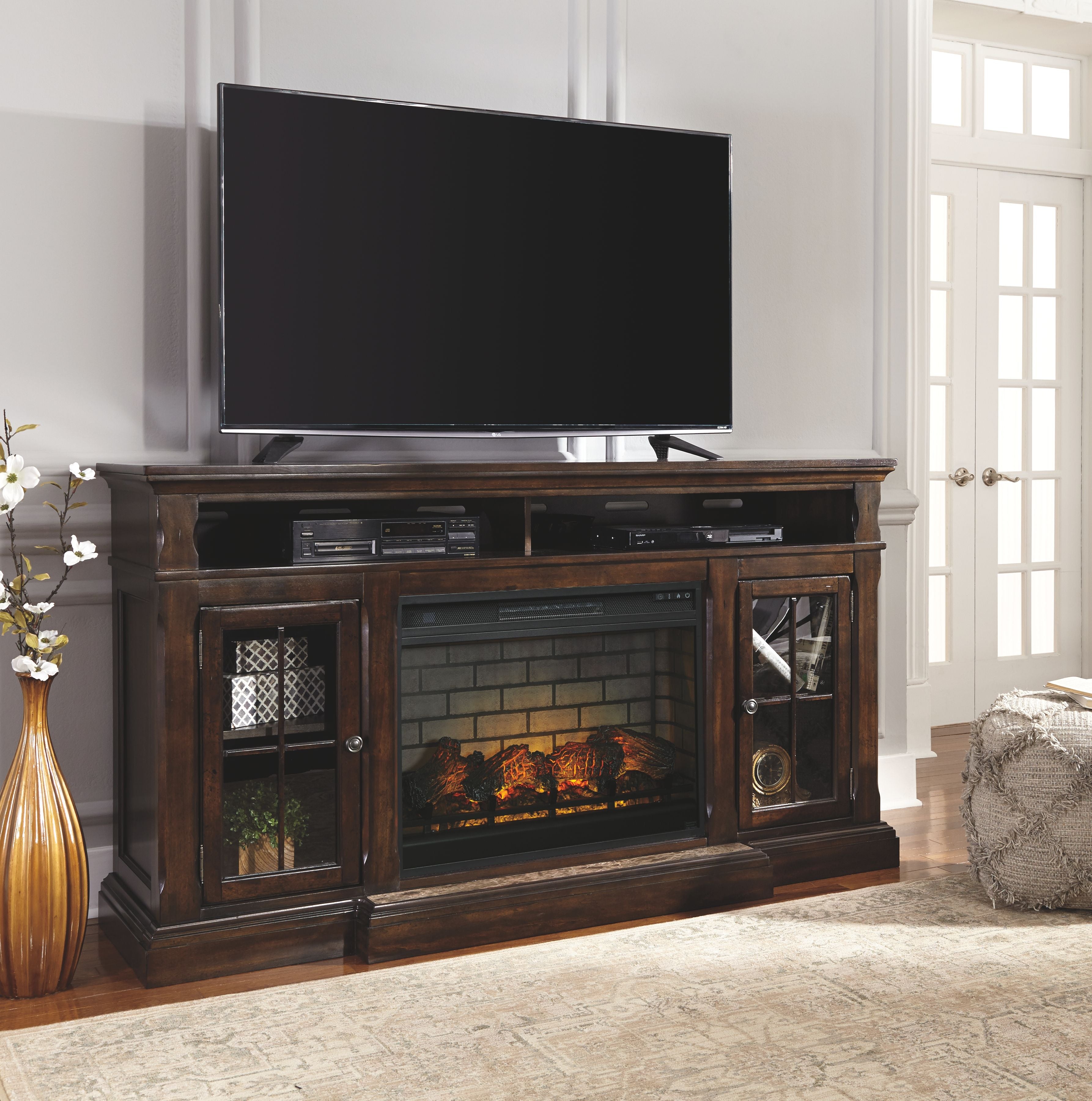 Signature Design by Ashley® Roddinton - Dark Brown - 2 Pc. - 74" TV Stand With Electric Infrared Fireplace Insert | Meri Furniture