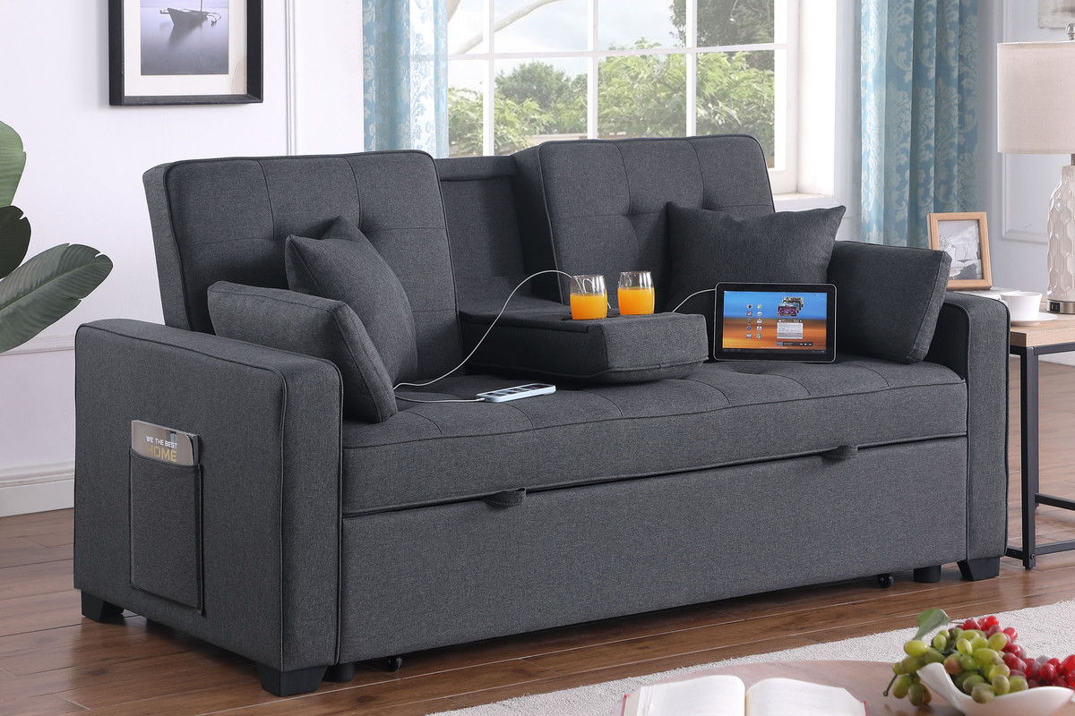 Cody II 70"W Dark Gray Linen Convertible Sleeper Loveseat with Dropdown Console, Cup Holders, Charging Ports, Pocket, and Pocket Coil Seating