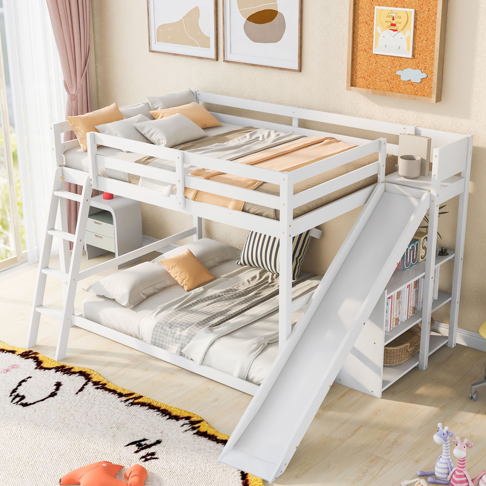 Bunk Bed With Ladder, Slide, And Shelves Pine Wood