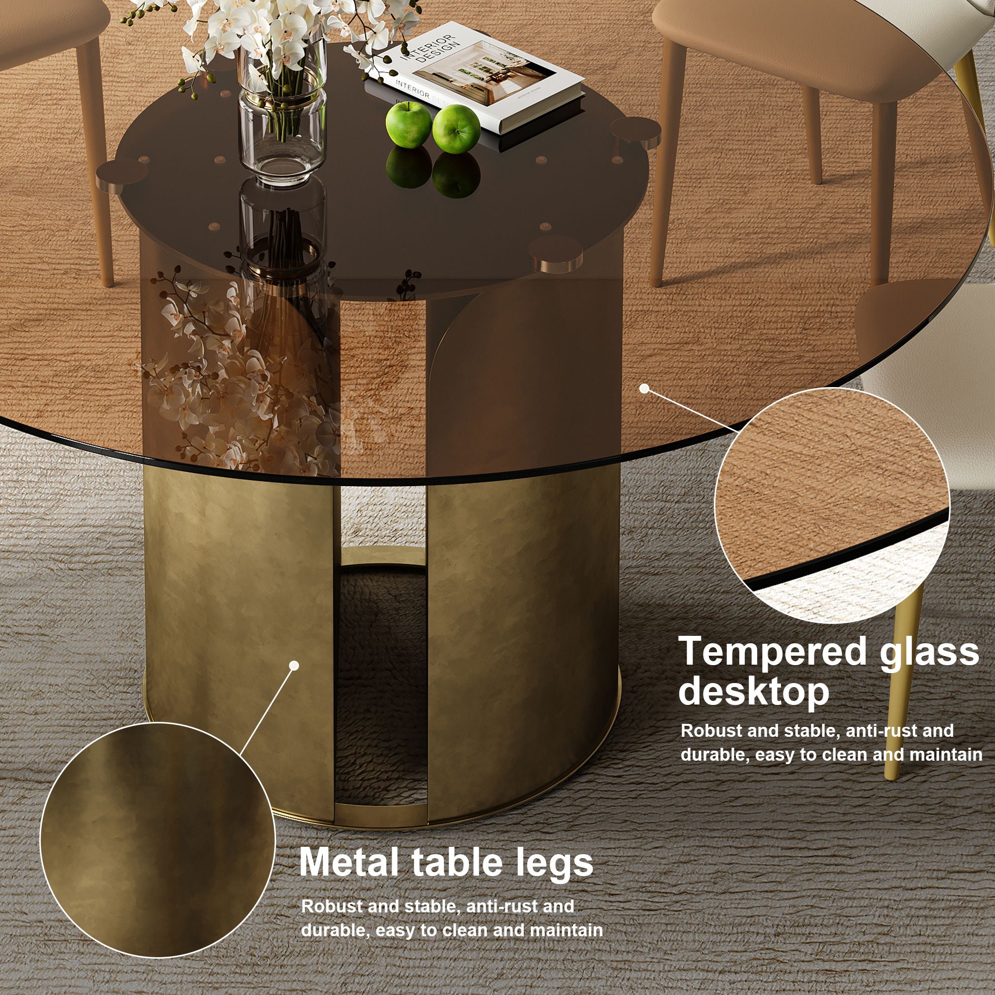 Modern Round Dining Table Set With Glass Top And Steel Legs