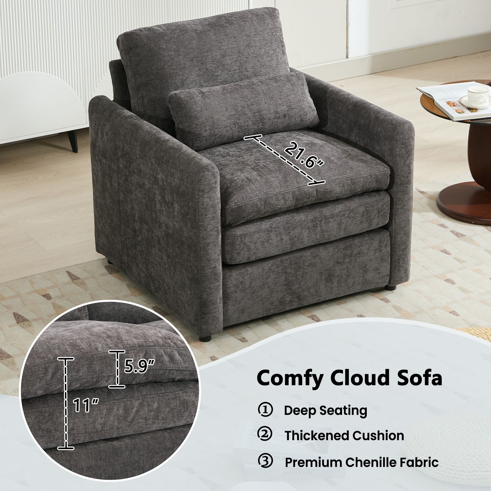 Cozy Upholstered Plush Cushion Armchair For Living Room