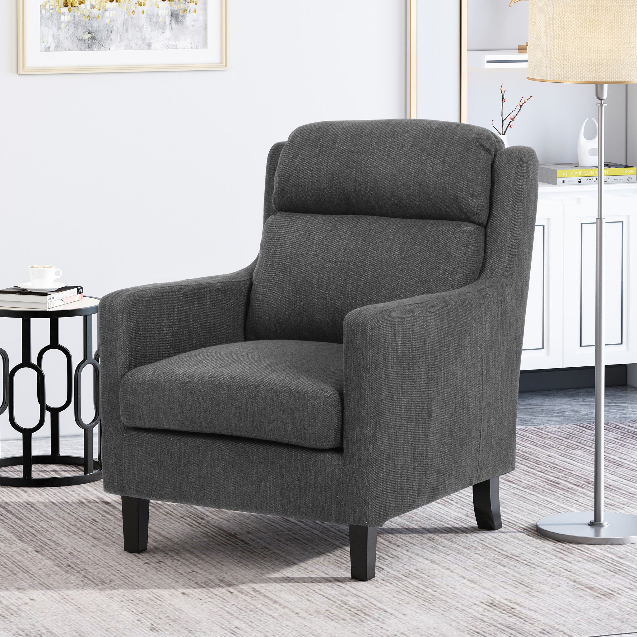 Contemporary Club Chair With Upholstered Fabric And Rubberwood Legs