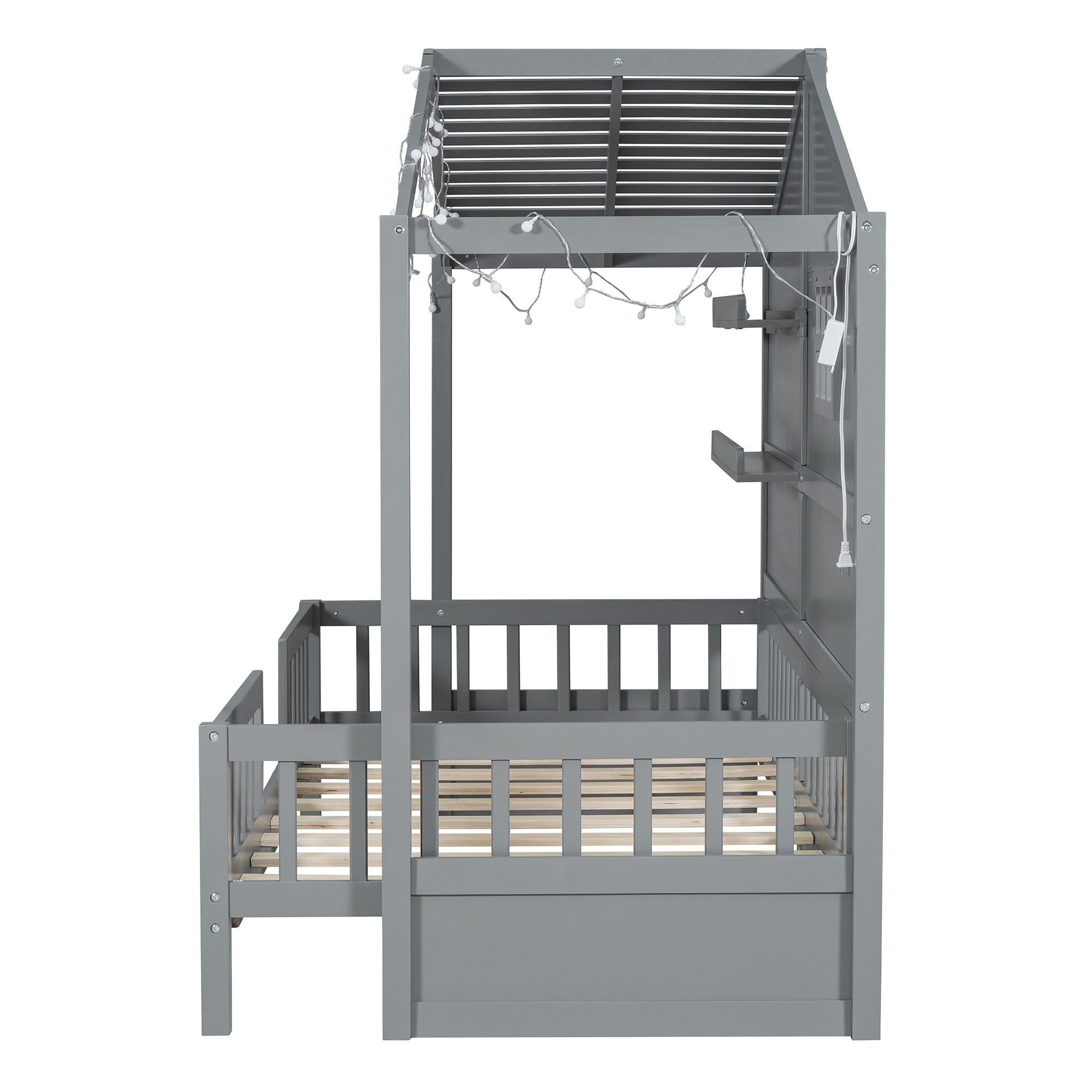 House Bed With Shelves, Window And Sparkling Light Strip On The Roof