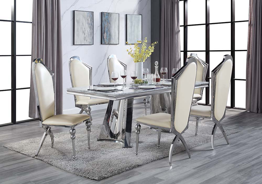 ACME Destry Dining Table - Faux Marble Top & Mirrored Silver Finish | Meri Furniture