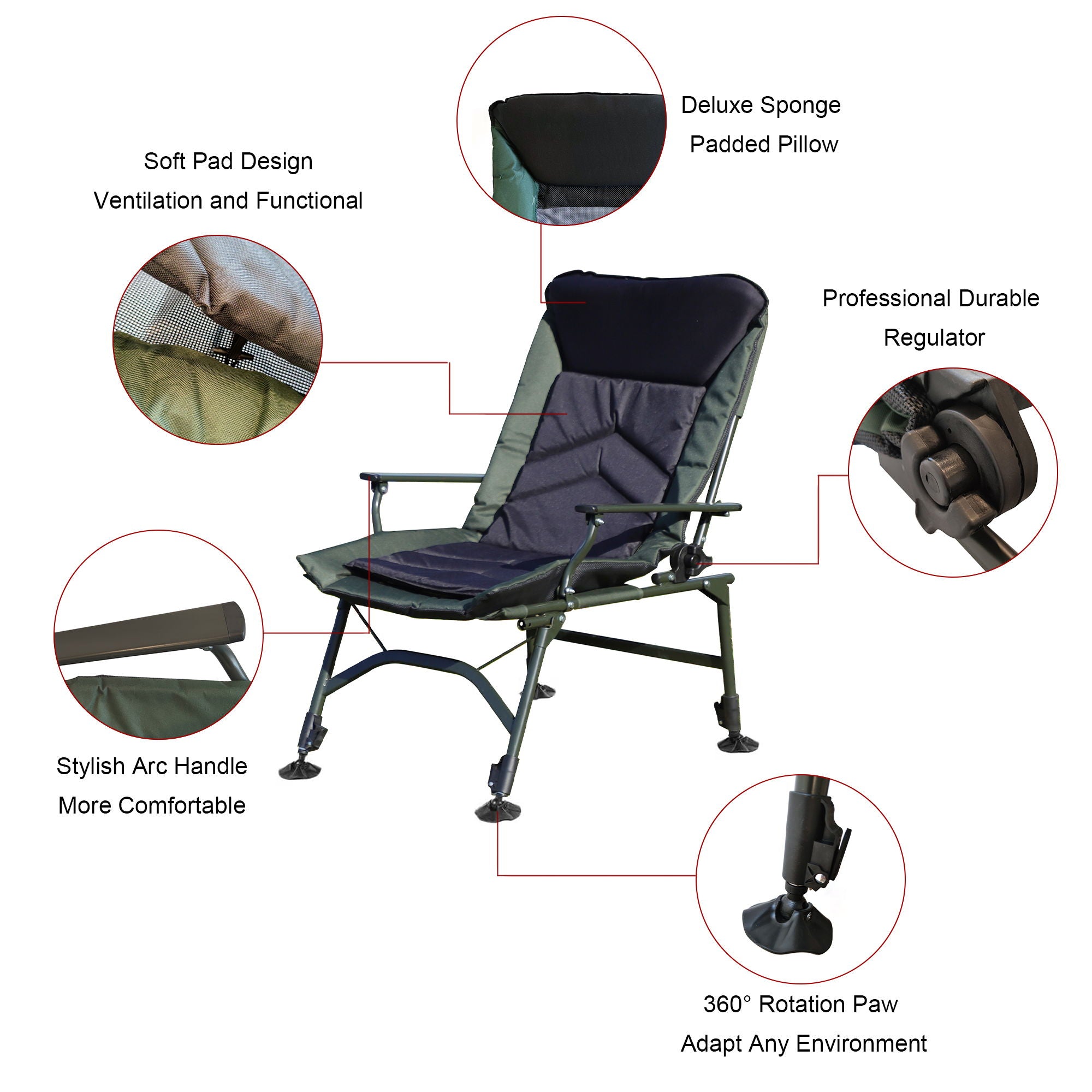 Camping Lounge Chair, Portable Folding Reclining Camping With Adjustable Backrest For Indoor And Outdoor Camping Beach Hiking Fishing - Green / Black