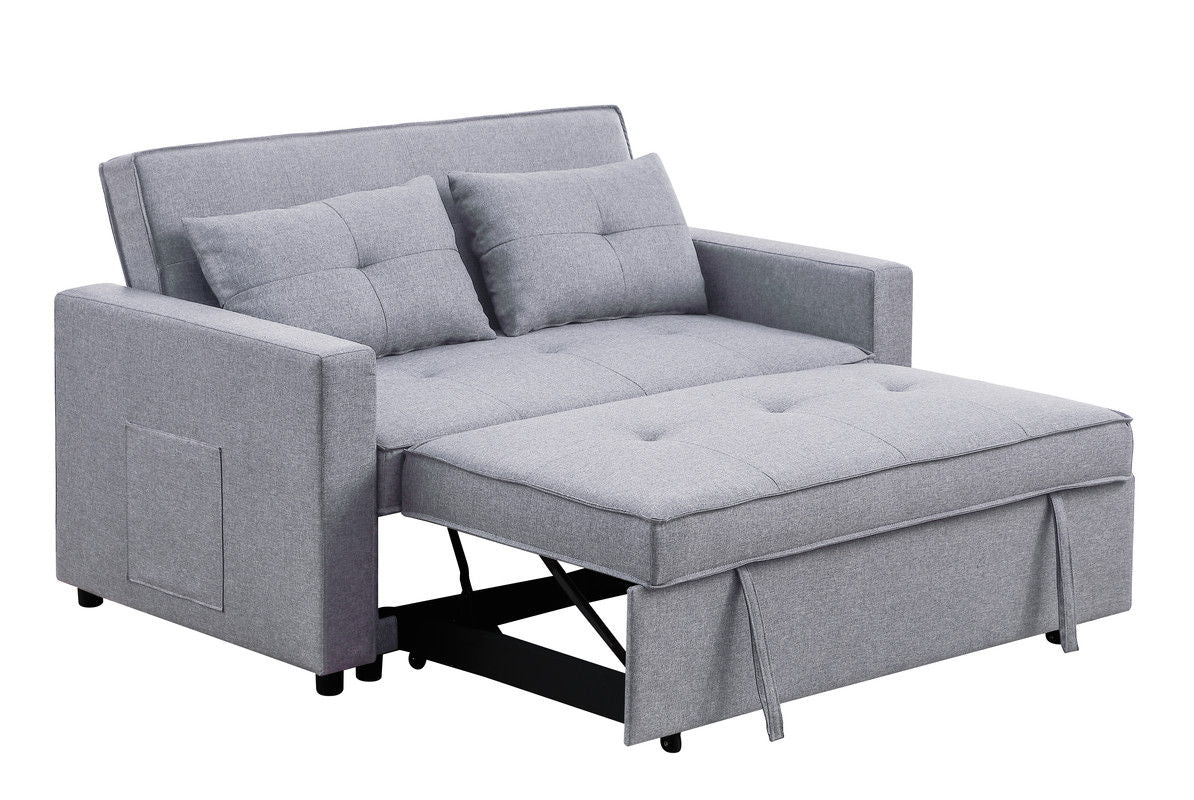Zoey 56"W Light Gray Linen Convertible Sleeper Loveseat with Side Pocket