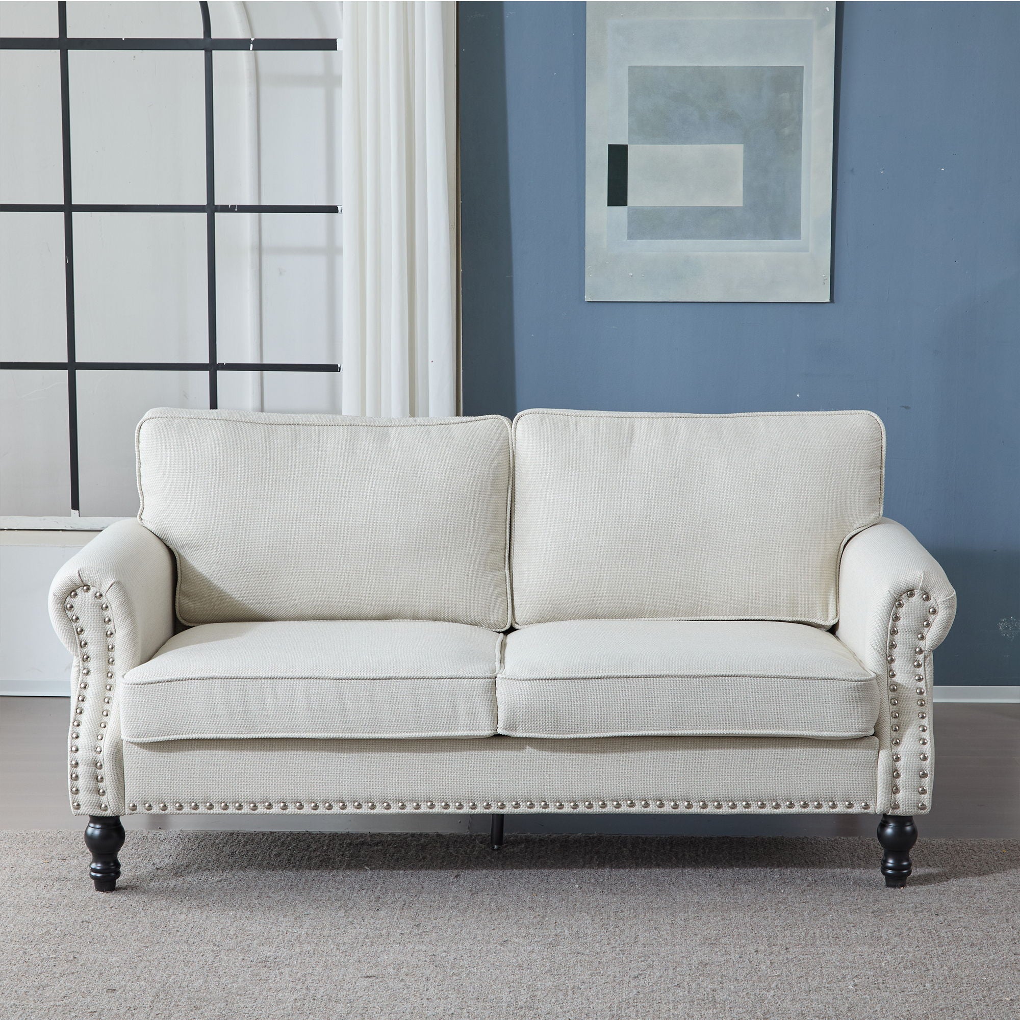 Rolled Arm Sofa With Nailhead Trim With Wooden Legs