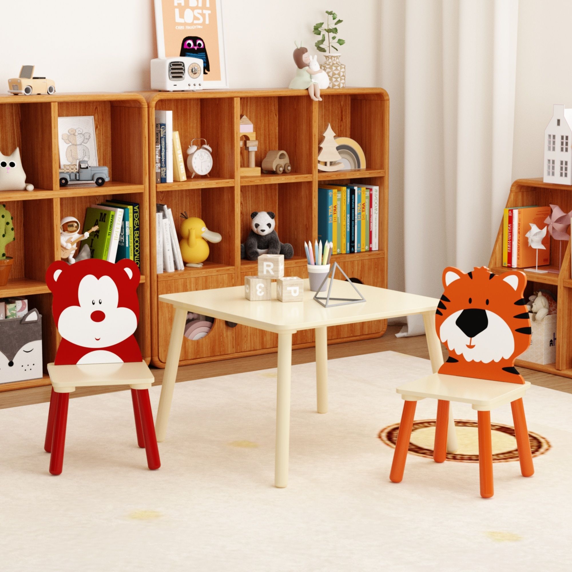 Table And 2 Chairs Set, Activity Play Table Set With Bear & Tiger Design - Natural