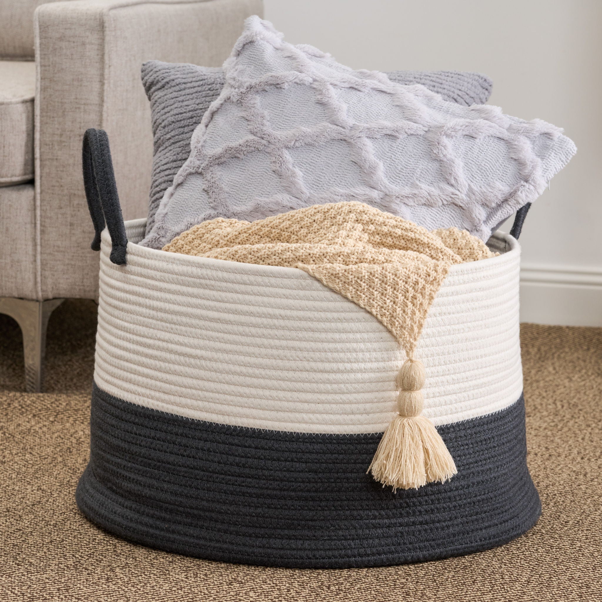 Cotton Round Laundry And Storage Basket With Sturdy Handles - Gray / White