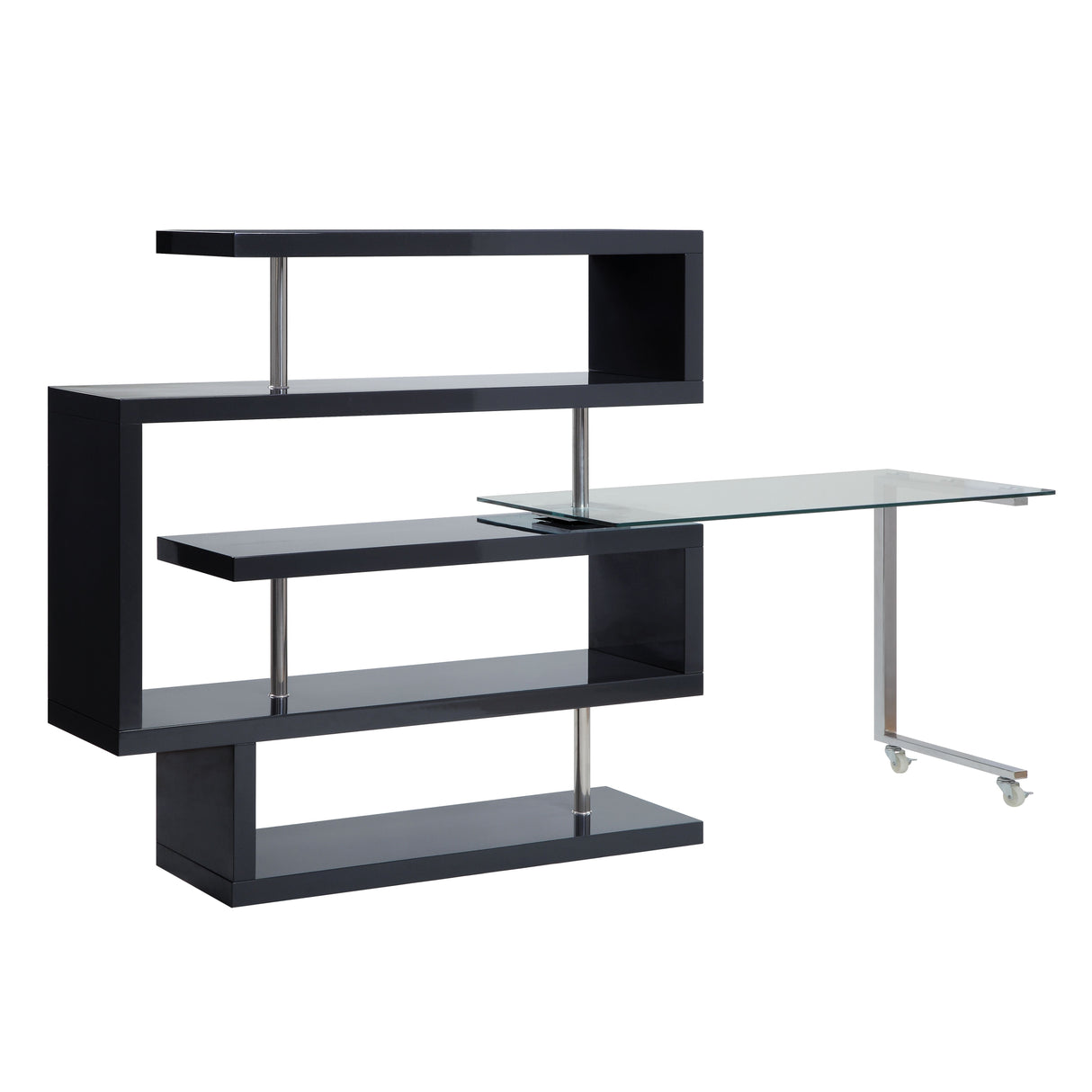 Writing Desk w/Swivel Function 360 Open Storage: 4 Shelves Clear Glass Desk Top High Gloss Finish 2 Wheels Included