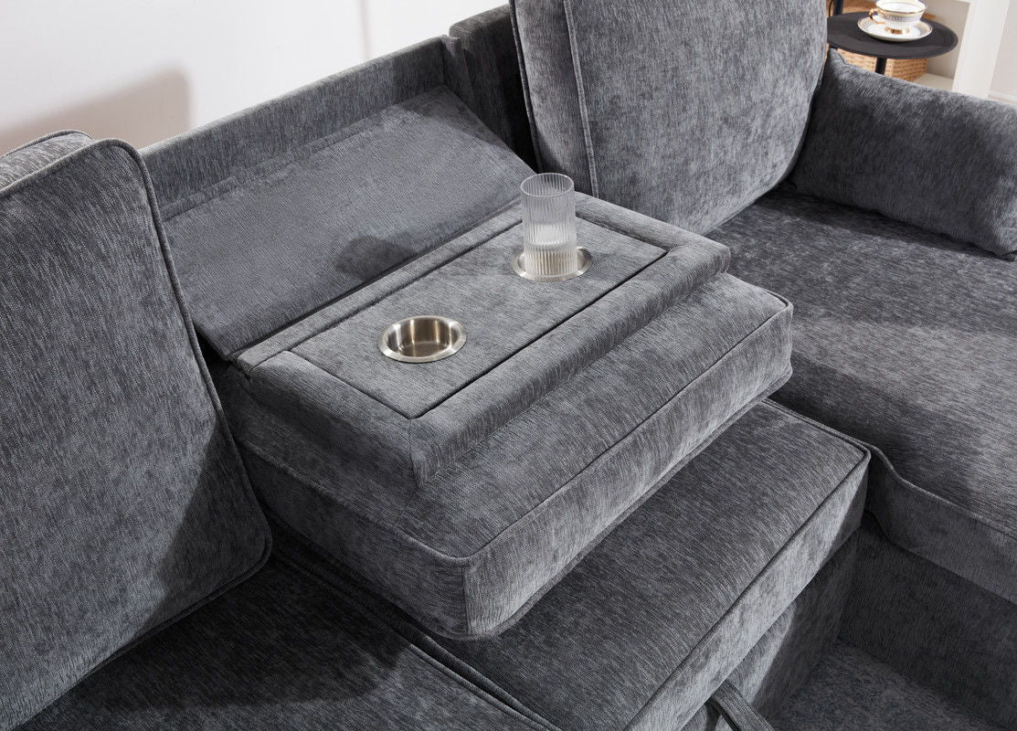 Emmy 89"W Dark Gray Fabric Sleeper Sectional Sofa with Reversible Storage Chaise, USB & USB-C Charging Ports, Cupholders, Pillows