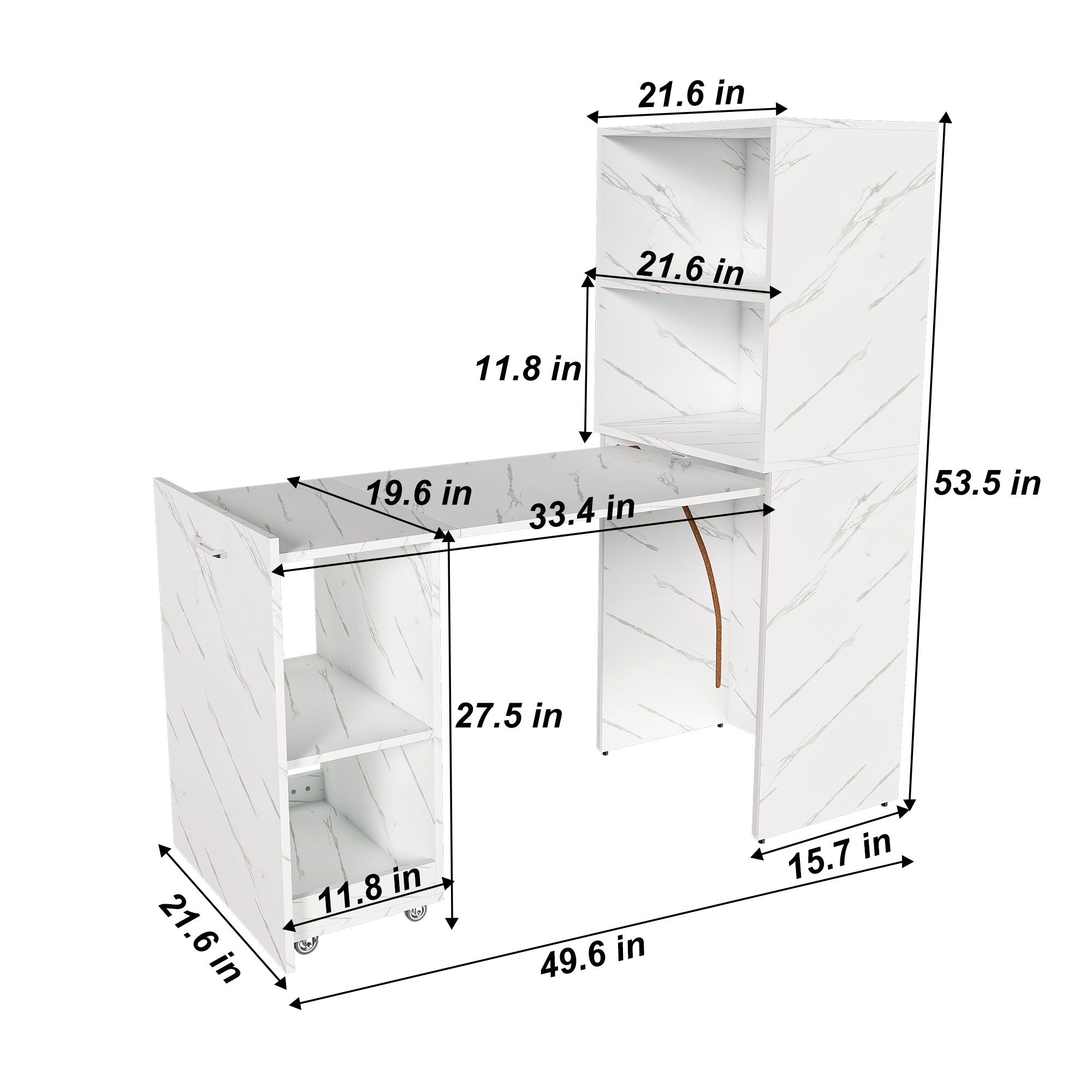 Stretchable Office Desk With Storage Shelves And Mobile Wheels, Foldable Design For Small Apartments - White Marble