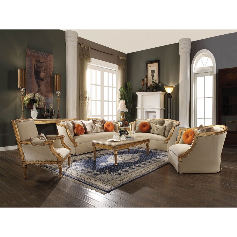 ACME Daesha - Sofa - Tan Flannel & Antique Gold | Meri Furniture