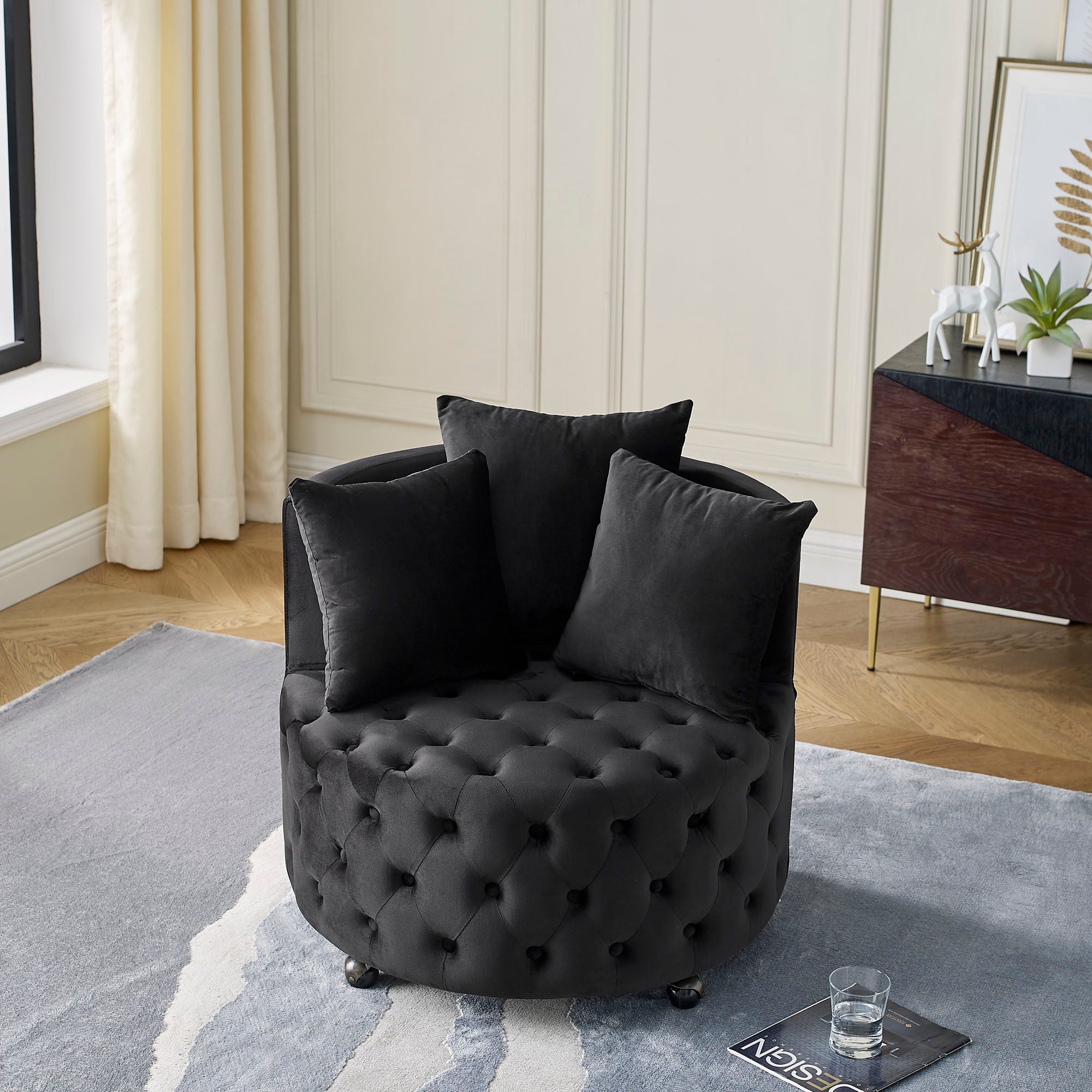 Modern Upholstered Swivel Chair With Button Tufted Design And Movable Wheels