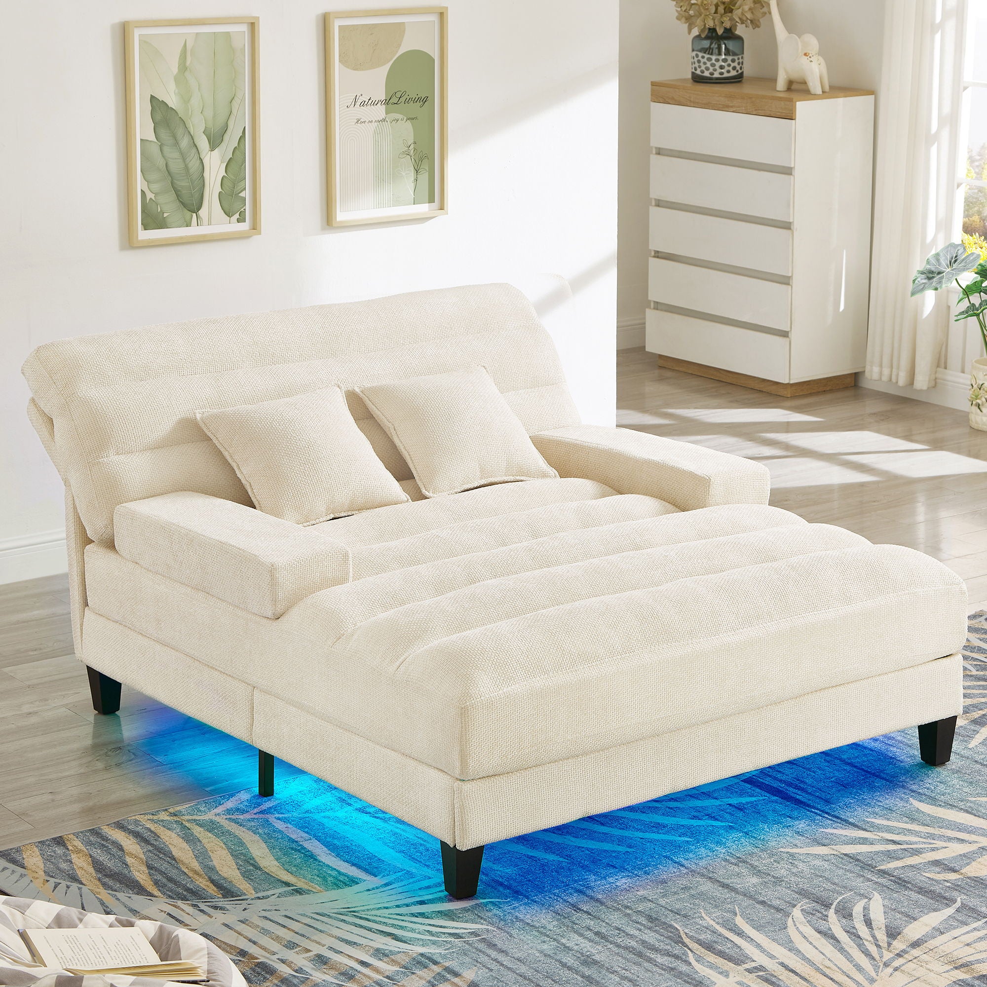 Chaise Bed Lounge Sofa Chair With Adjustable Backrest And LED Light Strip - Beige