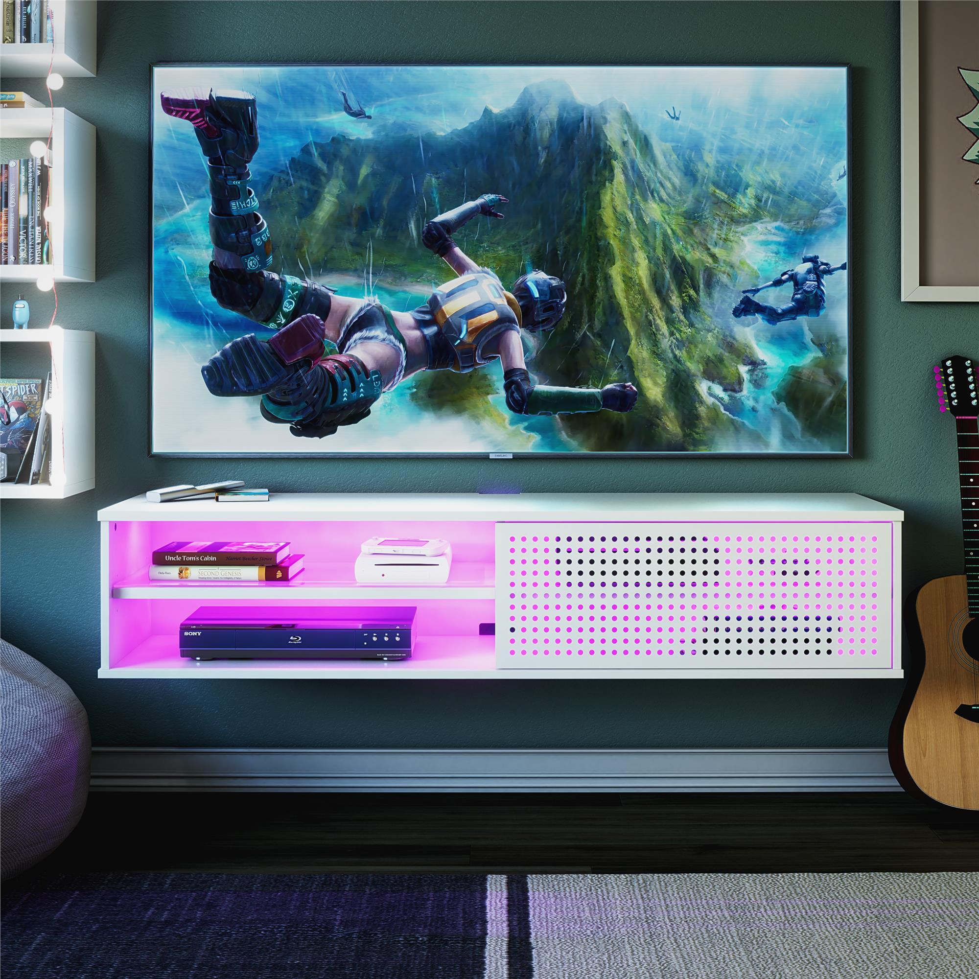 Glitch - Floating TV Stand For TVs Up To 60" With RGB Lighting And Sliding Door - White