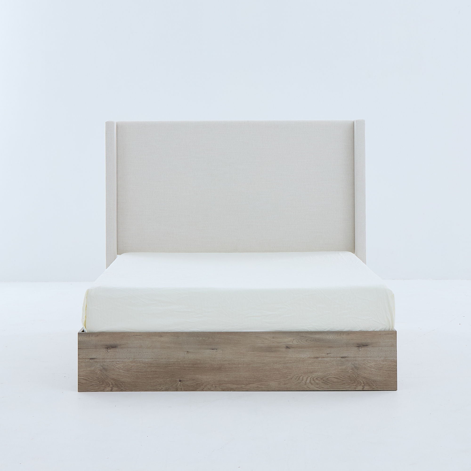 Shelton - Queen Upholstered Wingback Bed With 54" High Headboard - Ivory / Light Gray / Camel Oak