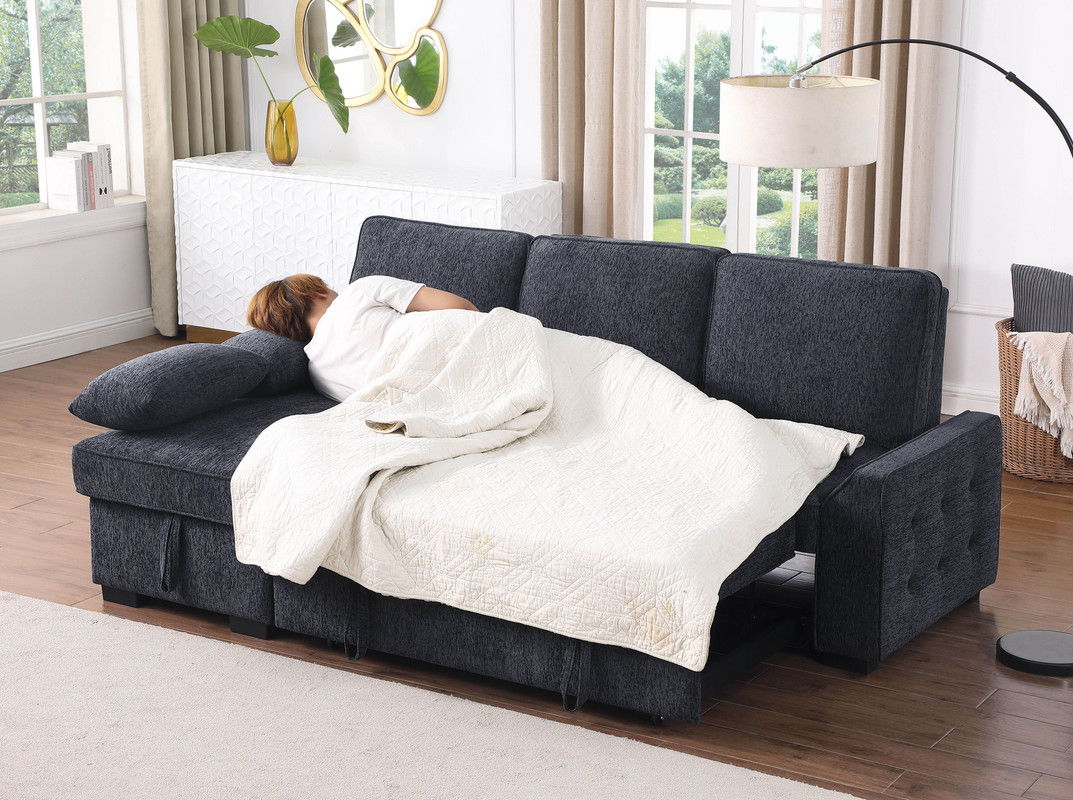 Mackenzie 91"W Charcoal Chenille Fabric Reversible Sleeper Sectional with Storage Chaise, Drop-Down Table, Cup Holders and Charging Ports