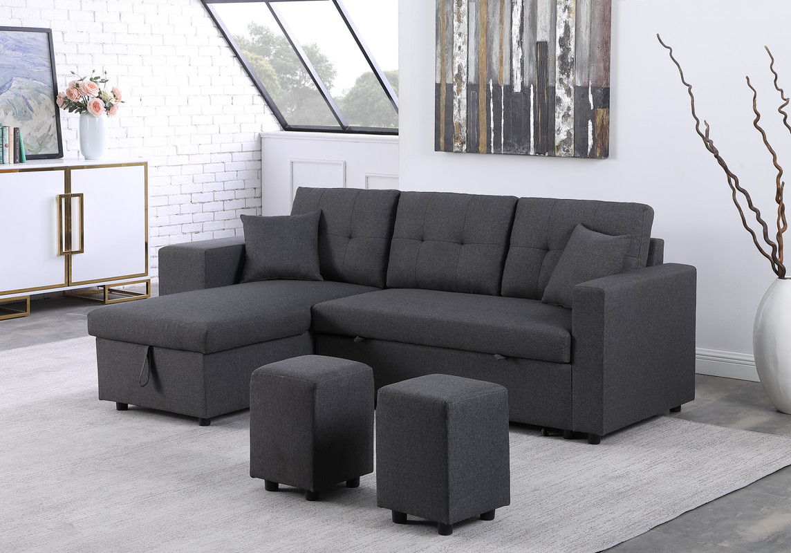 Dennis 93"W Dark Gray Linen Fabric Reversible Sleeper Sectional with Storage Chaise and 2 Stools