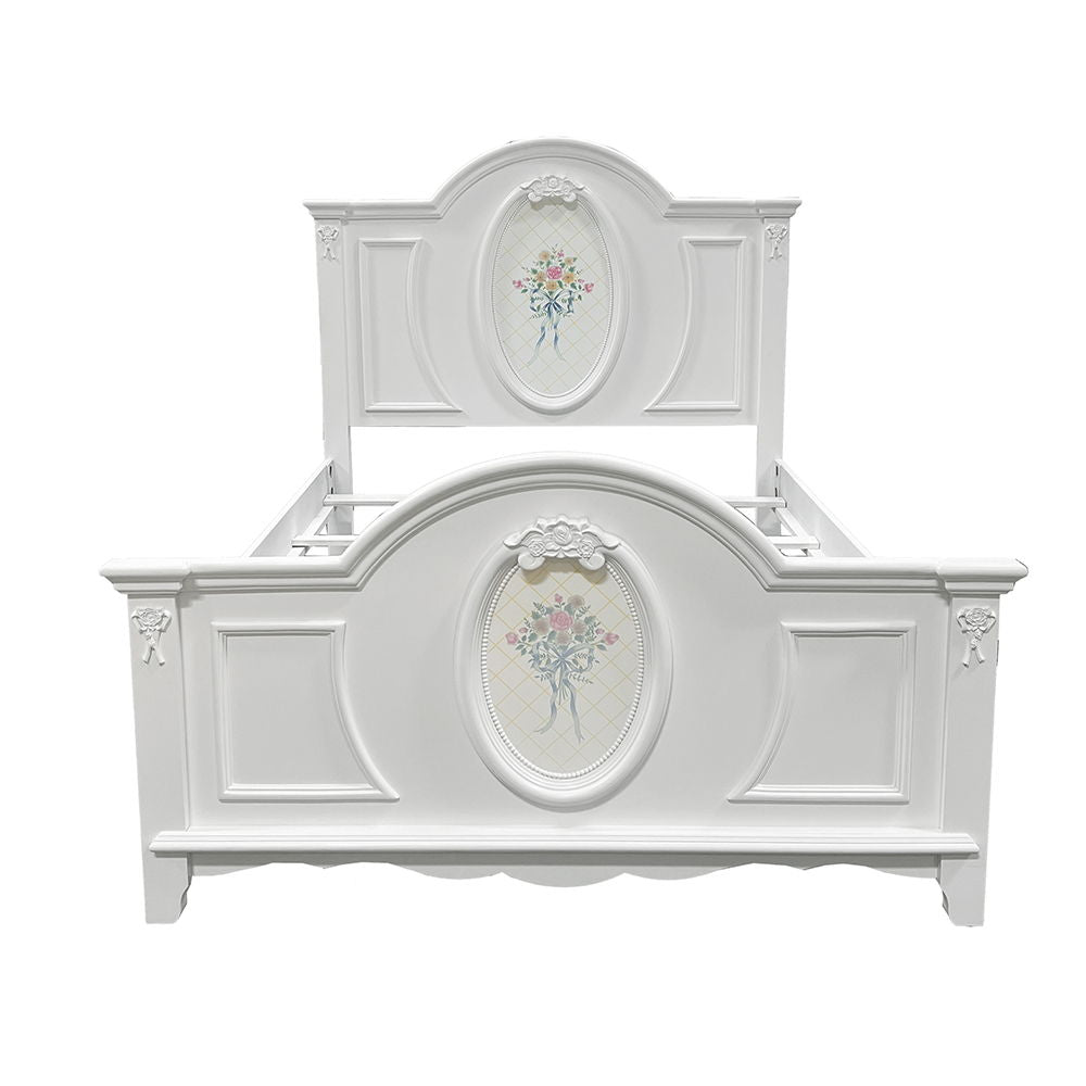 ACME Box Spring Required Panel Bed: Arched Headboard/Footboard Oval Rope Molding with floral motif decals Flora Collection: Poster Panel Beds Optional Trundle sold Separately | Meri Furniture