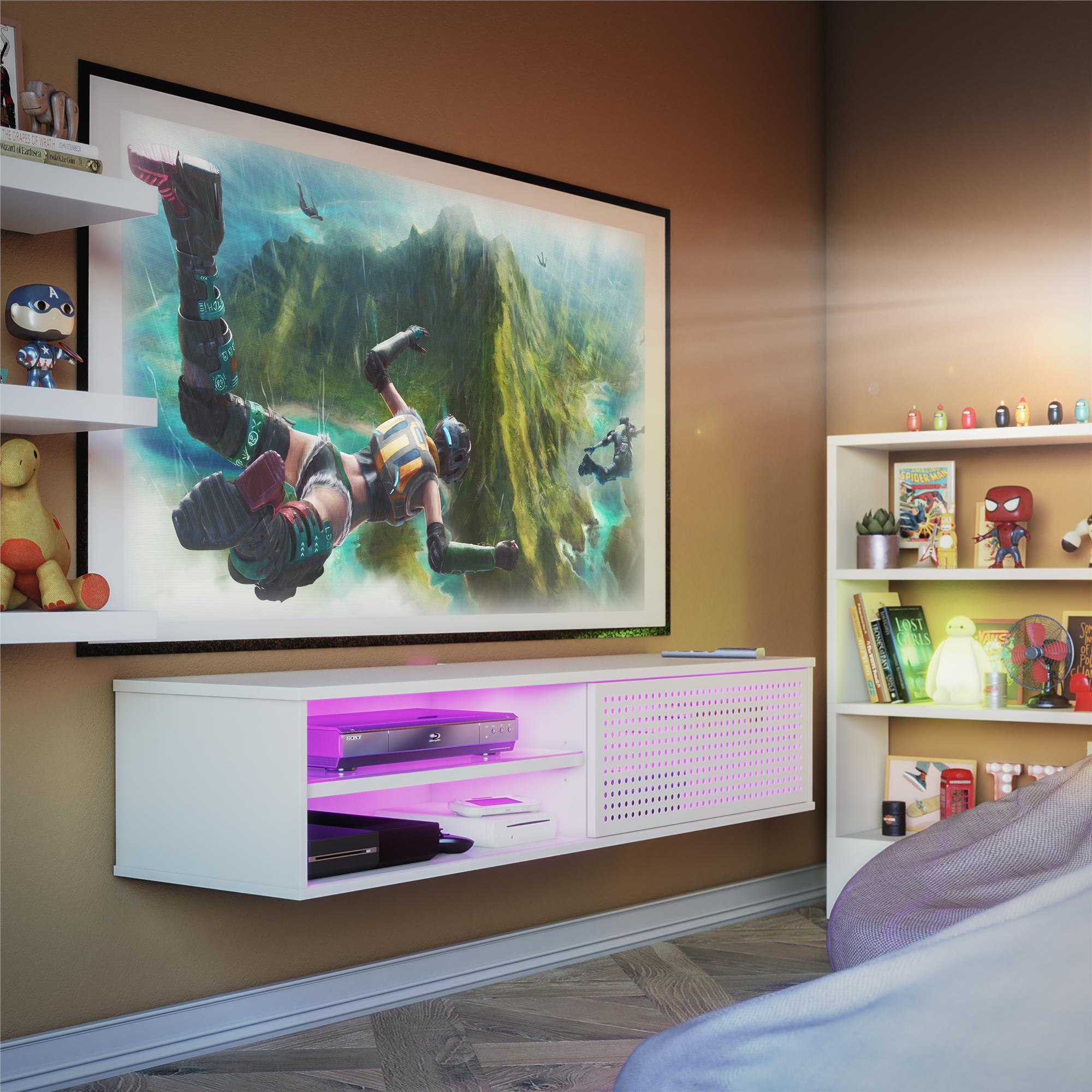 Glitch - Floating TV Stand For TVs Up To 60" With RGB Lighting And Sliding Door - White