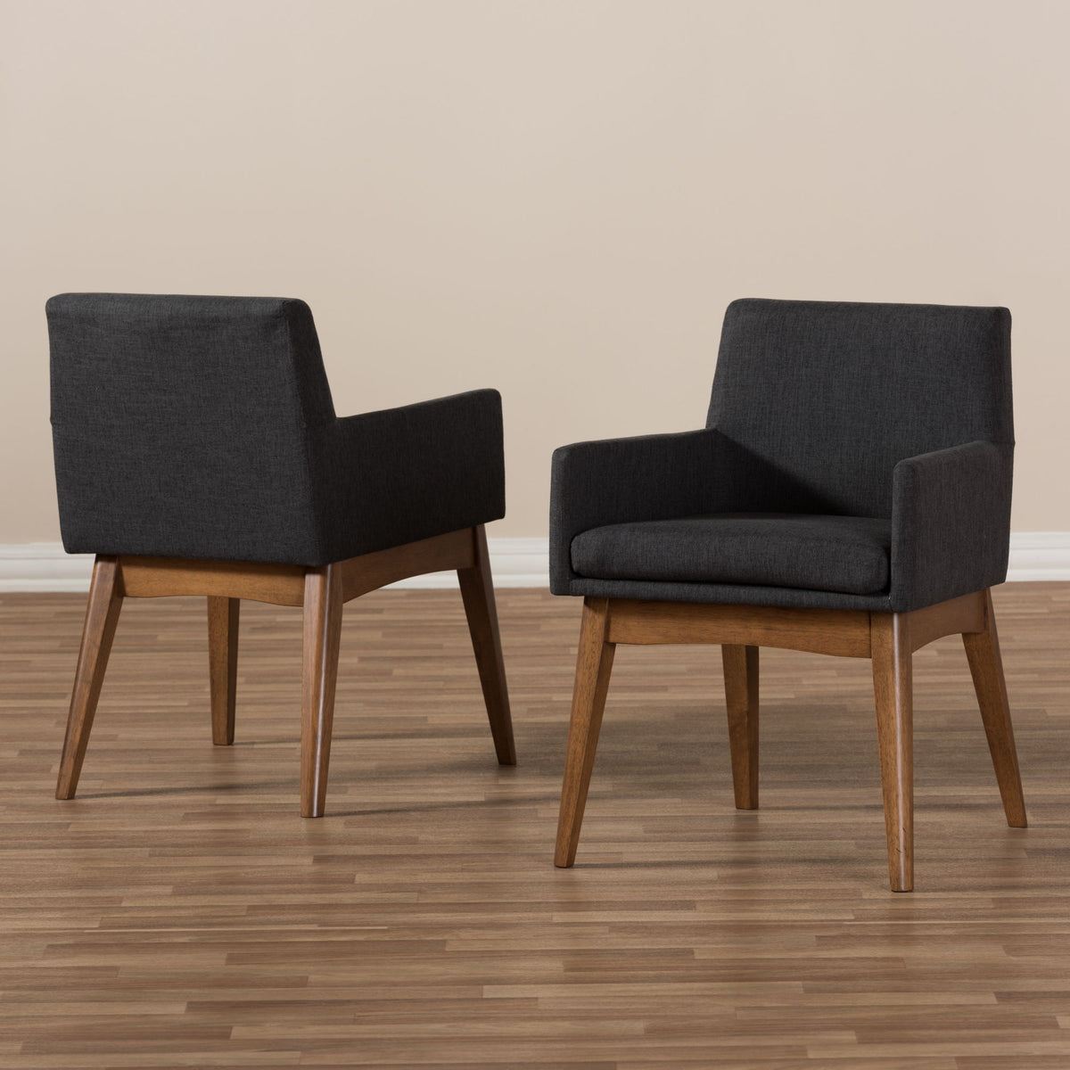 Nexus Mid-Century Modern Walnut Wood Finishing Dark Grey Fabric Dining Armchair (Set of 2)