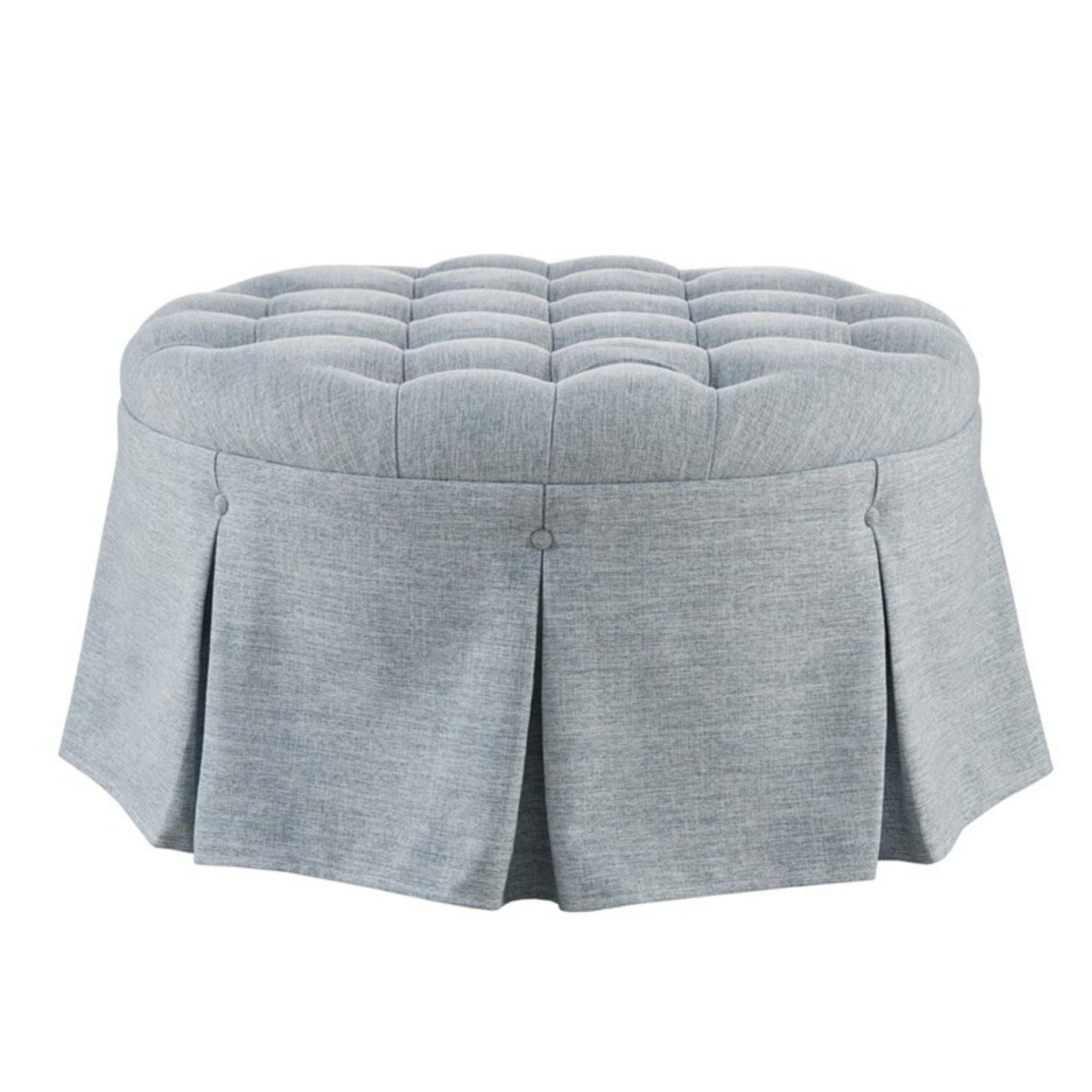 Skirted Tufted Round Ottoman With Button Top - Gray