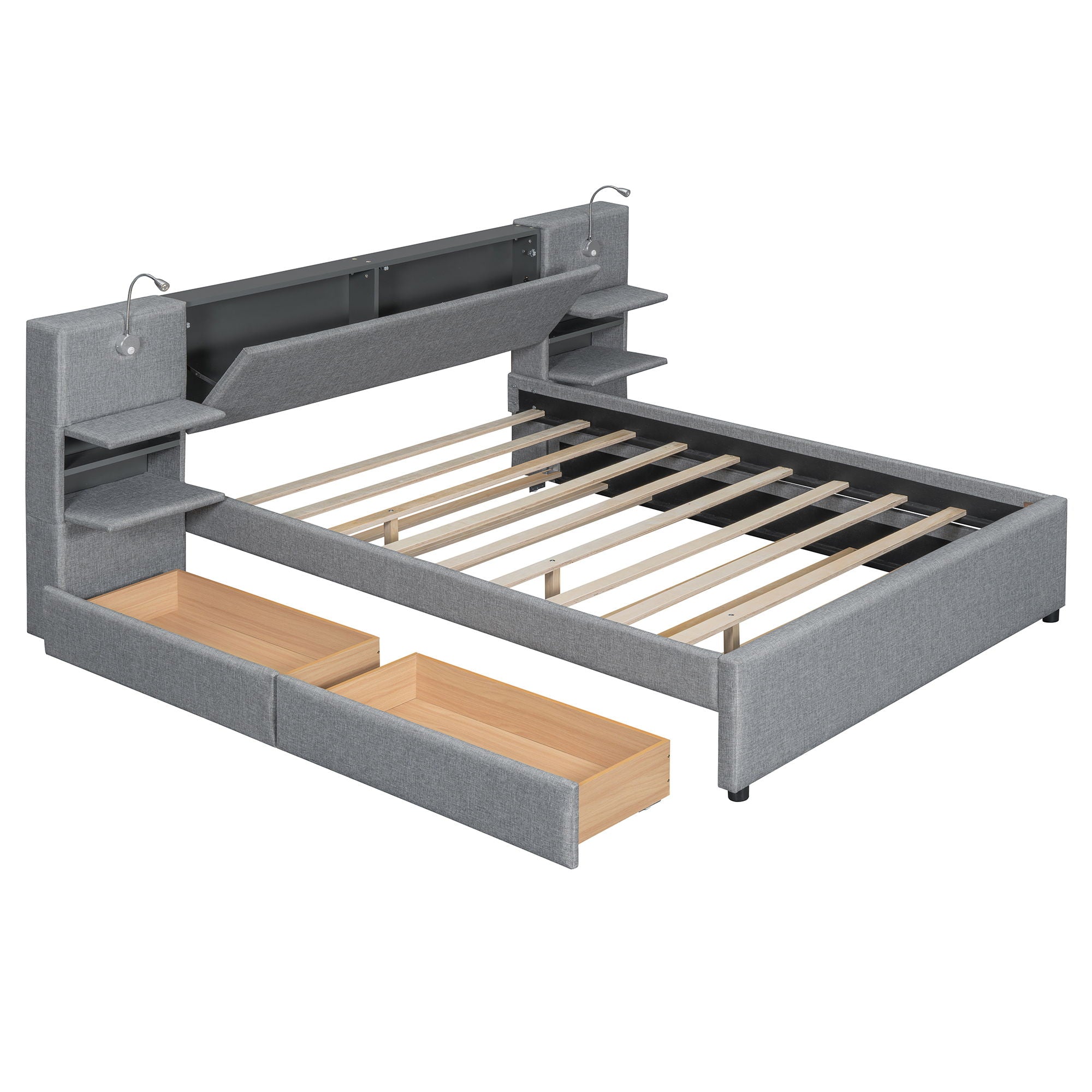Upholstered Platform Bed With Reading Lights, Drawers, Trundle And Shelves