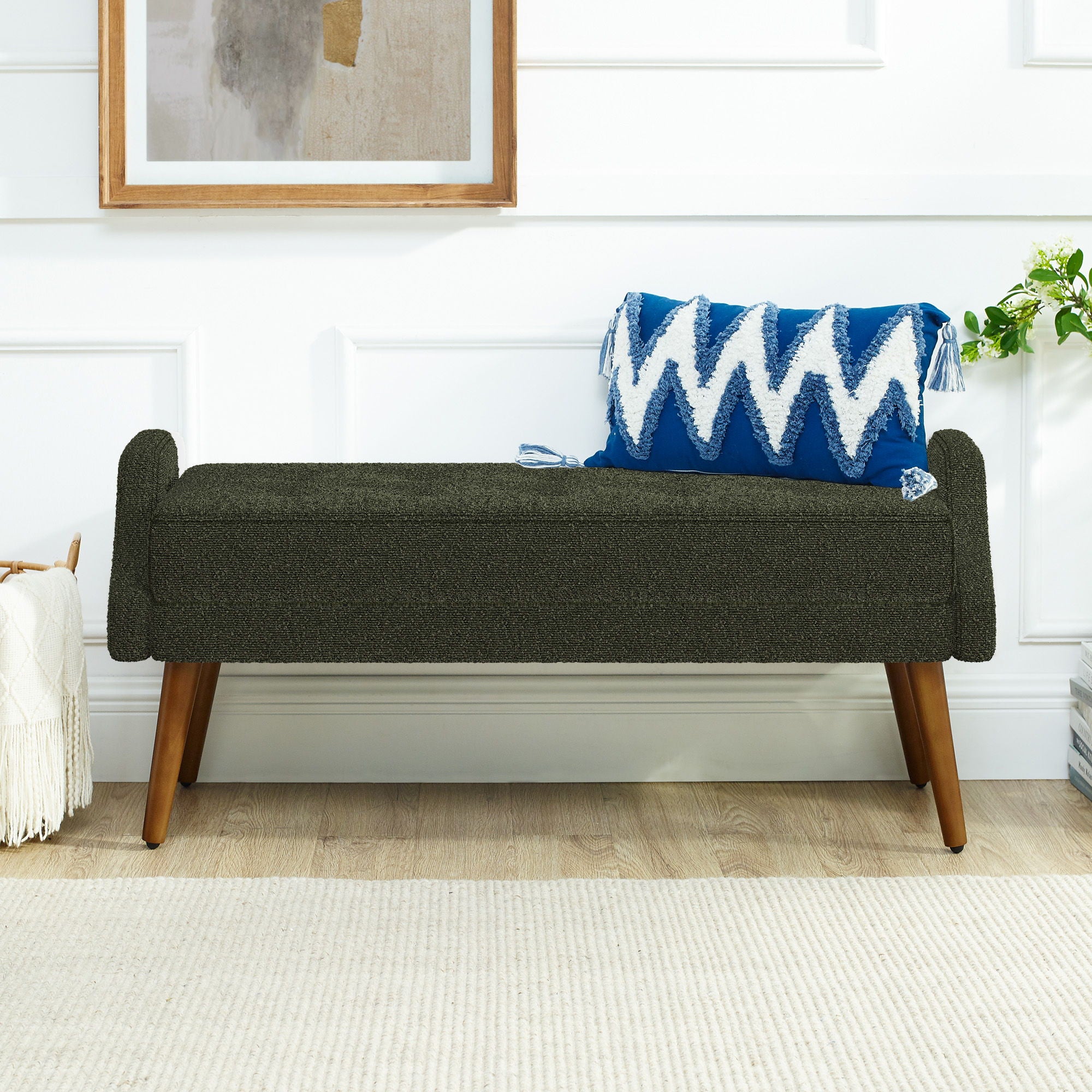 Modern Living Room Bench With Looped Yarn Fabric And Rubber Wooden Legs