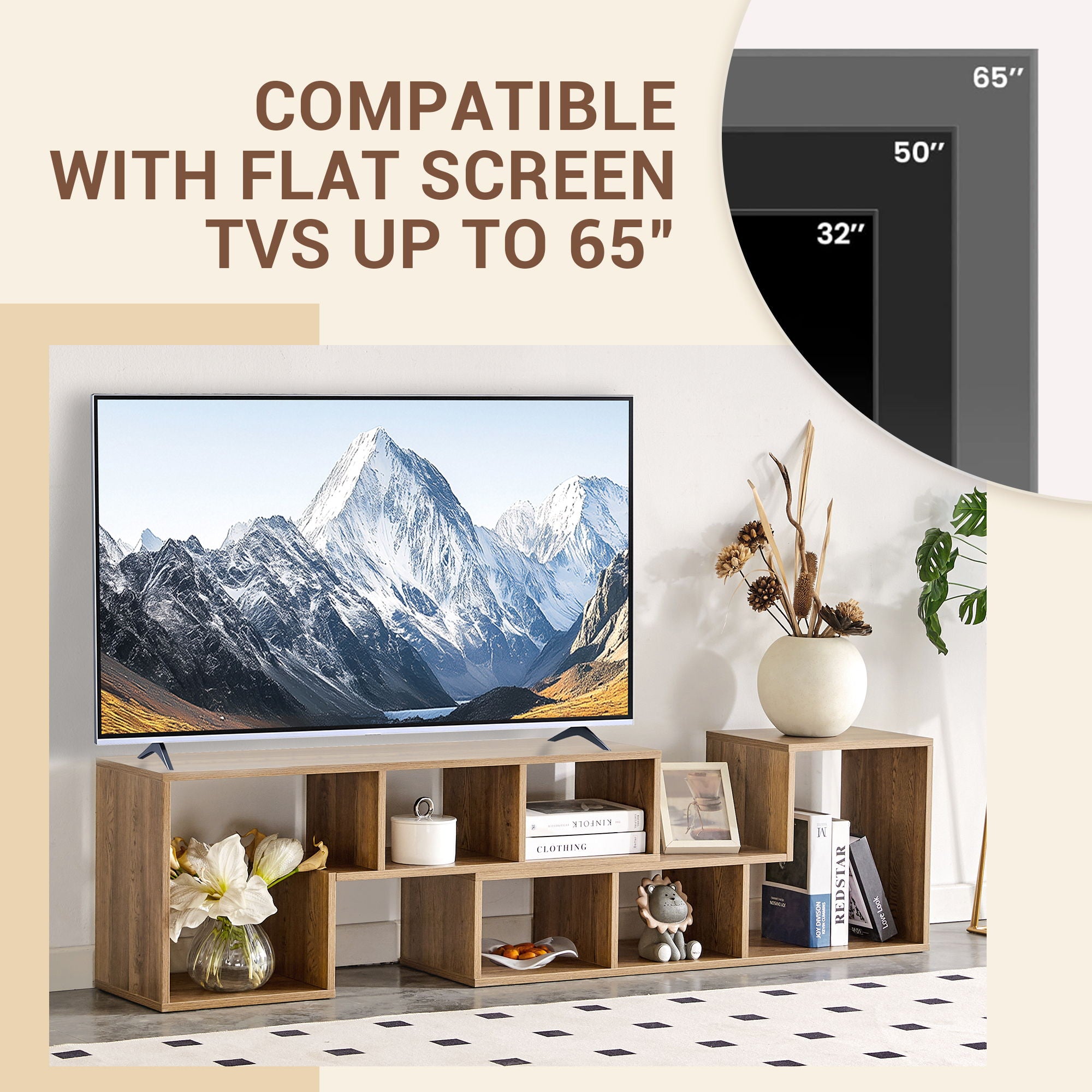 Minimalist Cube TV Stand With Adjustable Open Storage Shelves