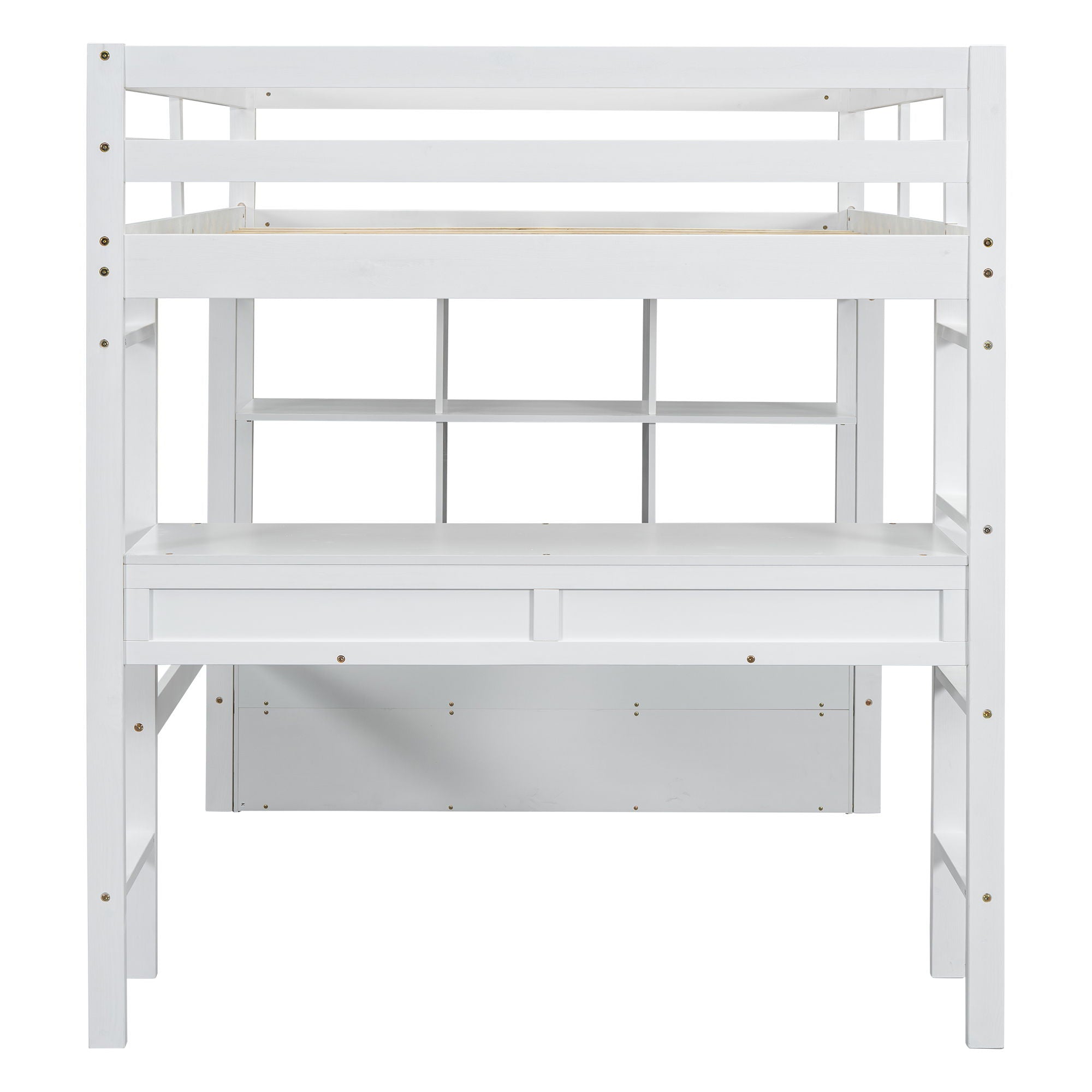 Full Size Loft Bed With Built In Desk, 2 Drawers, Storage Shelves - White