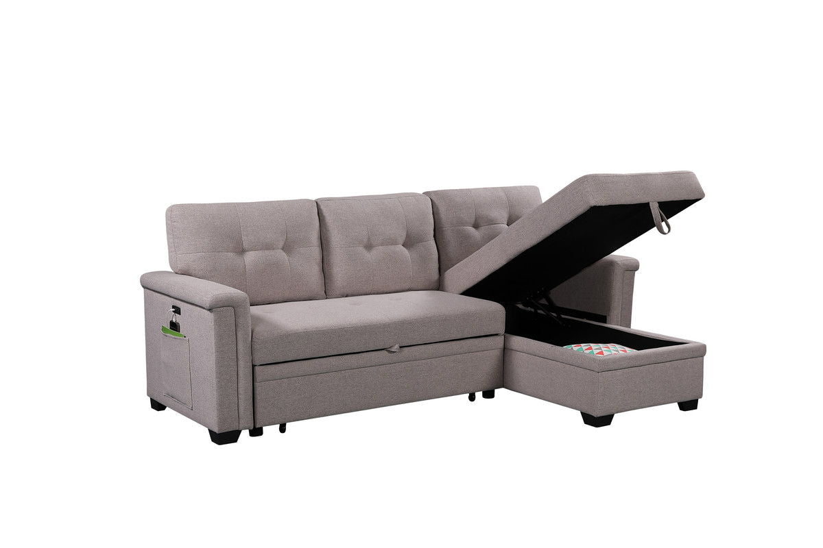 Ashlyn 84"W Light Gray Reversible Sleeper Sectional Sofa with Storage Chaise, USB Charging Ports and Pocket