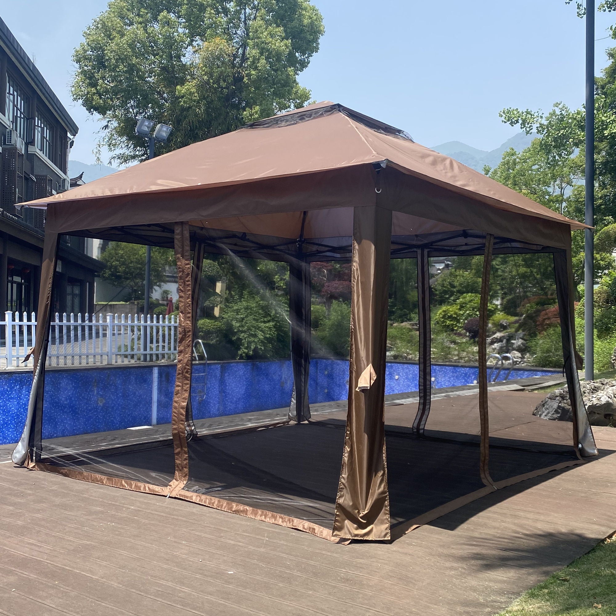 Outdoor Pop Up Gazebo Canopy With 2 Tier Soft Top And Removable Zipper Netting